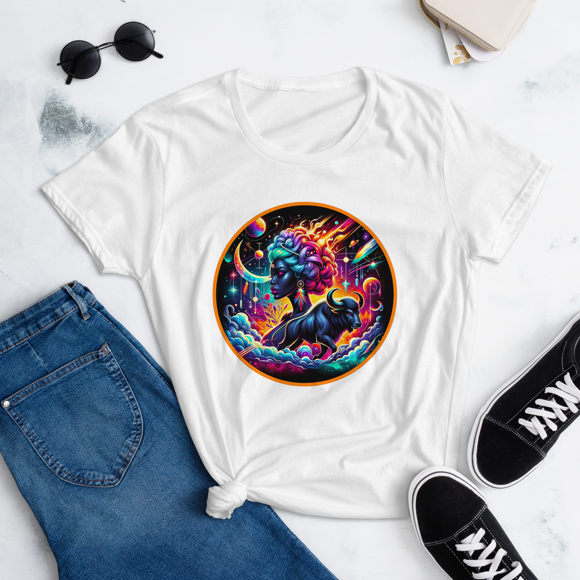 An enchanting Taurus Zodiac Wonders design on a T-shirt, highlighting a powerful Black woman, celestial bodies, and a mythological bull amidst a vibrant cosmic backdrop.