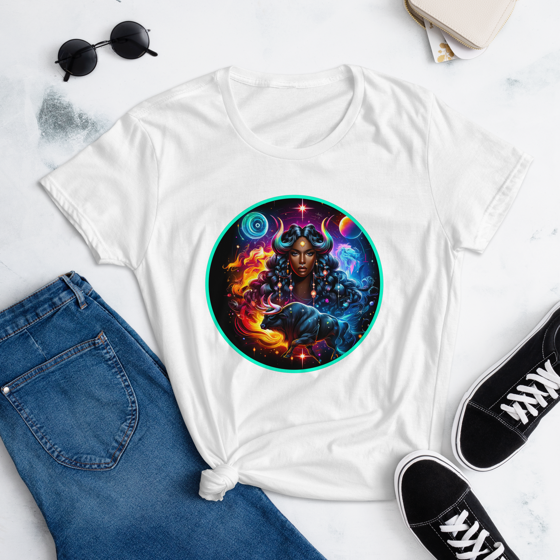 An enchanting Taurus Zodiac Wonders design on a T-shirt, highlighting a powerful Black woman, celestial bodies, and a mythological bull amidst a vibrant cosmic backdrop.