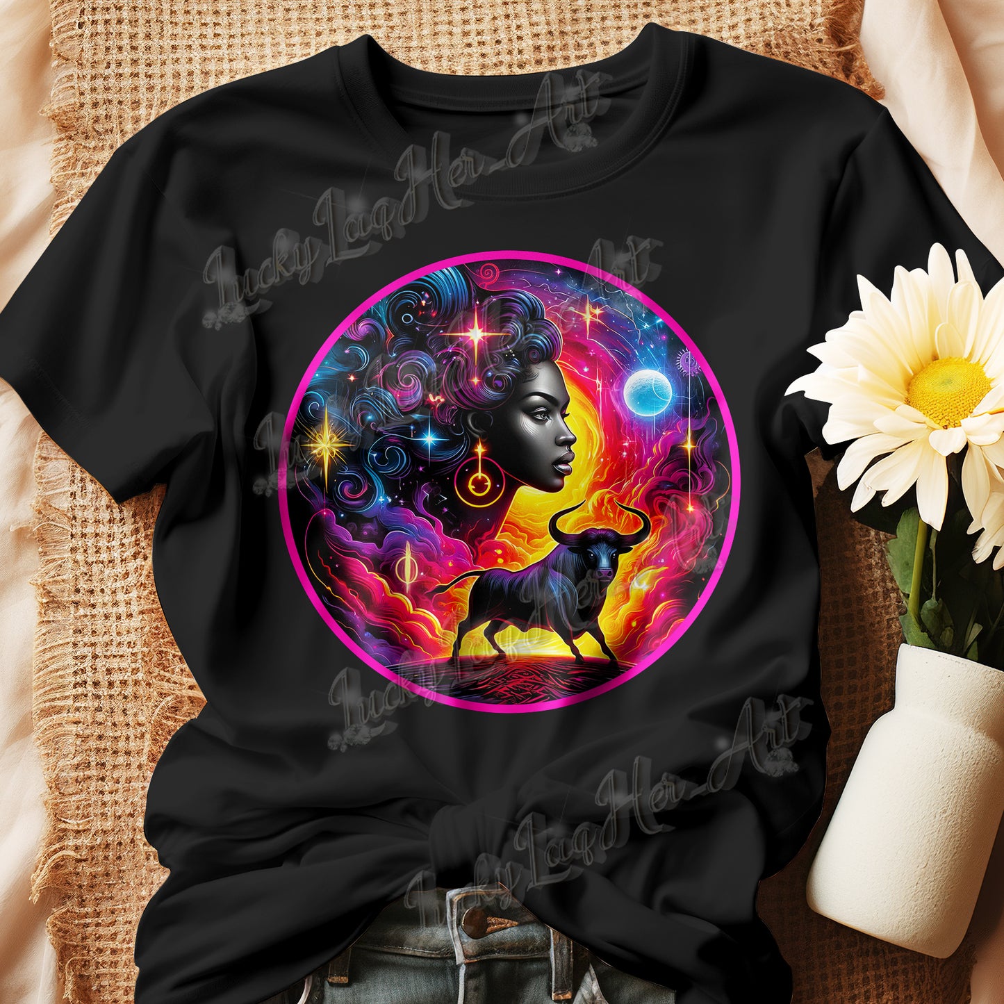 An enchanting Taurus Zodiac Wonders design on a T-shirt, highlighting a powerful Black woman, celestial bodies, and a mythological bull amidst a vibrant cosmic backdrop.