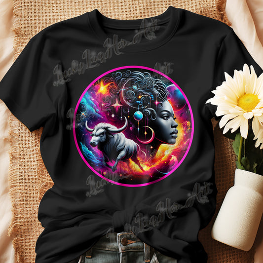 An enchanting Taurus Zodiac Wonders design on a T-shirt, highlighting a powerful Black woman, celestial bodies, and a mythological bull amidst a vibrant cosmic backdrop.