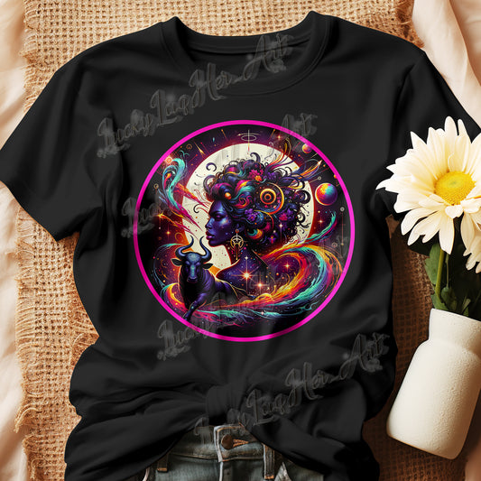 An enchanting Taurus Zodiac Wonders design on a T-shirt, highlighting a powerful Black woman, celestial bodies, and a mythological bull amidst a vibrant cosmic backdrop.