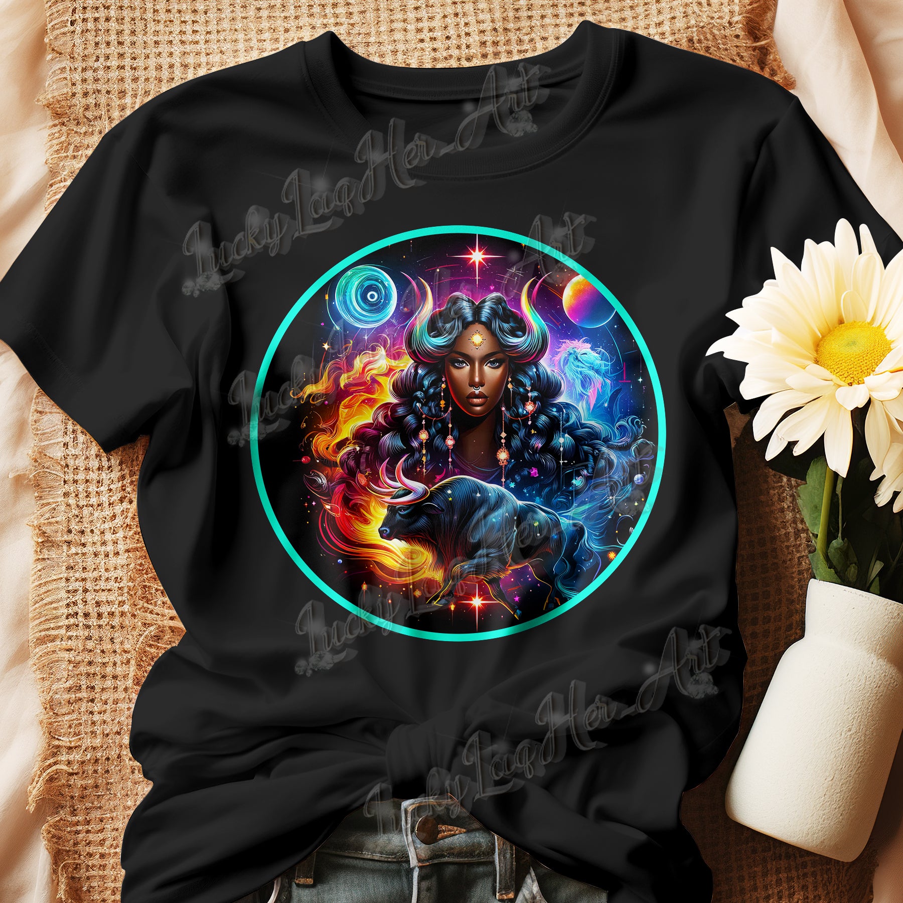 An enchanting Taurus Zodiac Wonders design on a T-shirt, highlighting a powerful Black woman, celestial bodies, and a mythological bull amidst a vibrant cosmic backdrop.