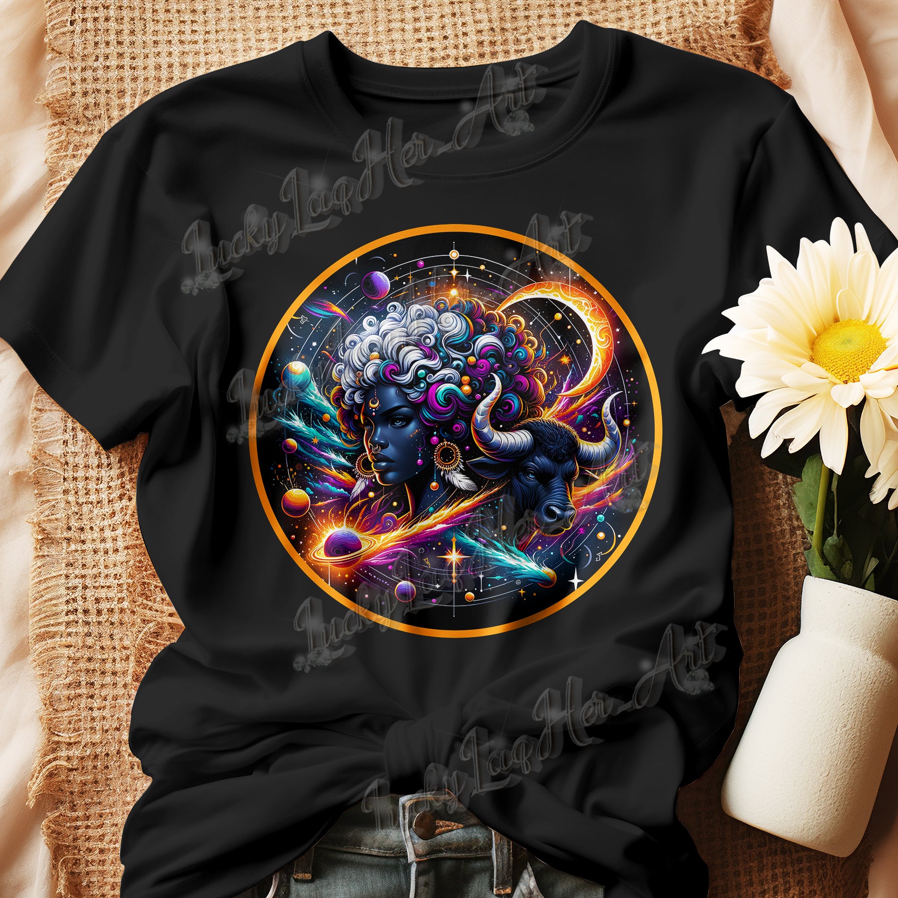 Discover our "Cosmic Elegance: Taurus Zodiac Wonders Collection" tee, celebrating strong Black women with a unique celestial design. A perfect blend of Afrocentric art and astrological magic, made for queens. 🌌👑✨