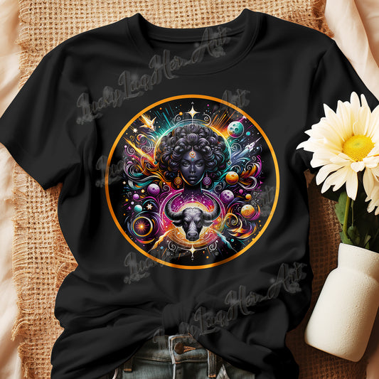 An enchanting Taurus Zodiac Wonders design on a T-shirt, highlighting a powerful Black woman, celestial bodies, and a mythological bull amidst a vibrant cosmic backdrop.