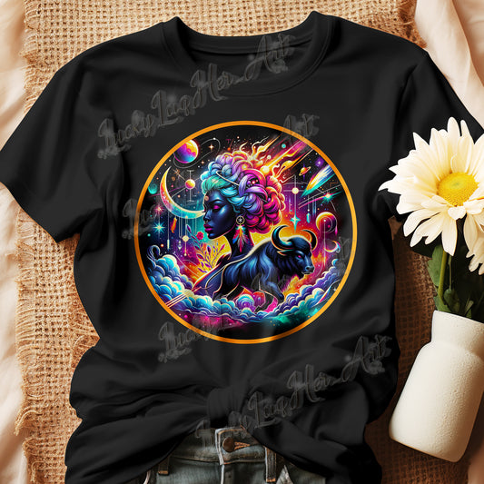 An enchanting Taurus Zodiac Wonders design on a T-shirt, highlighting a powerful Black woman, celestial bodies, and a mythological bull amidst a vibrant cosmic backdrop.