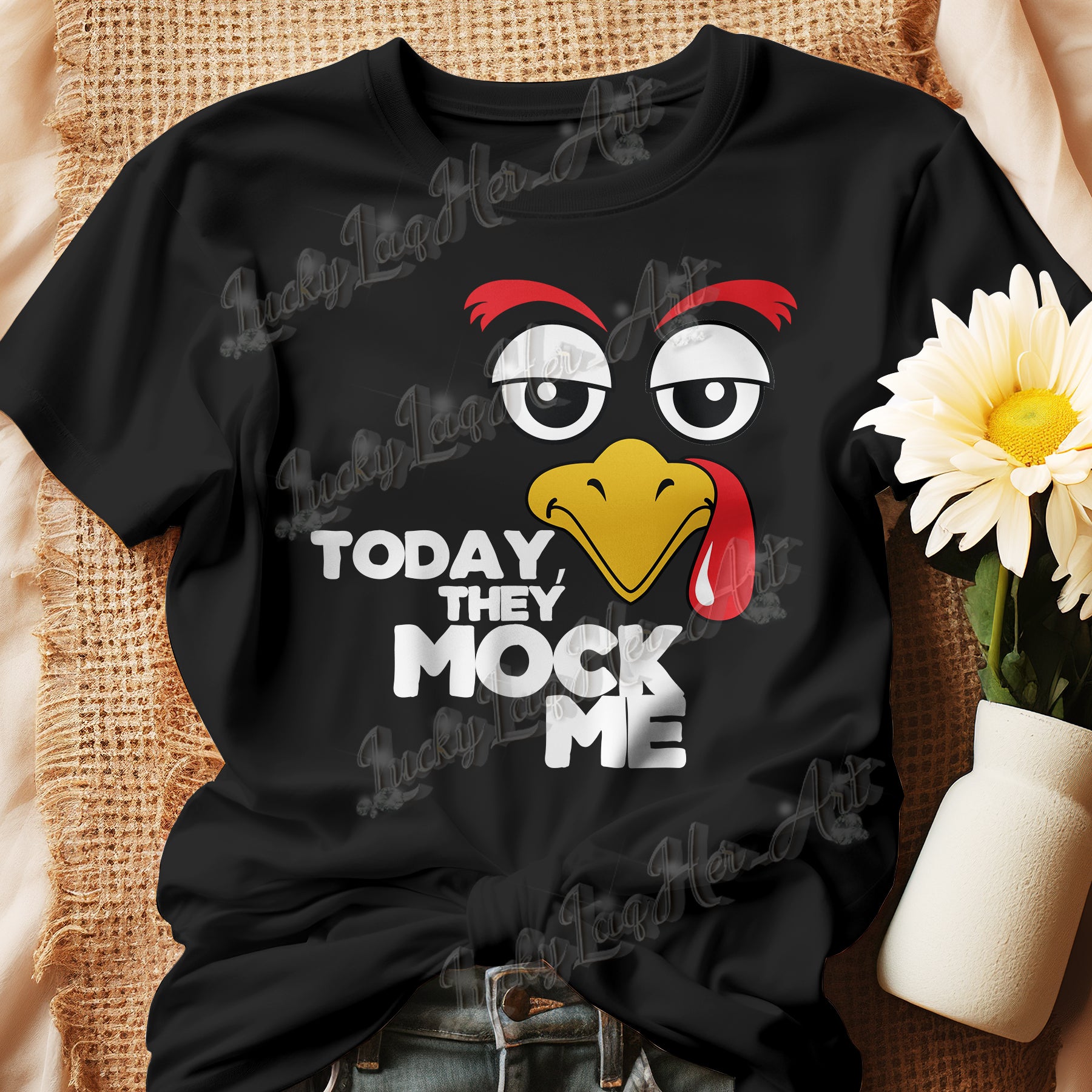 Black t-shirt with a humorous graphic of a turkey and the phrase 'Today They Mock Me' in bold white text. The bird has an expressive face with its tongue out, adding a playful and comedic touch to the design.