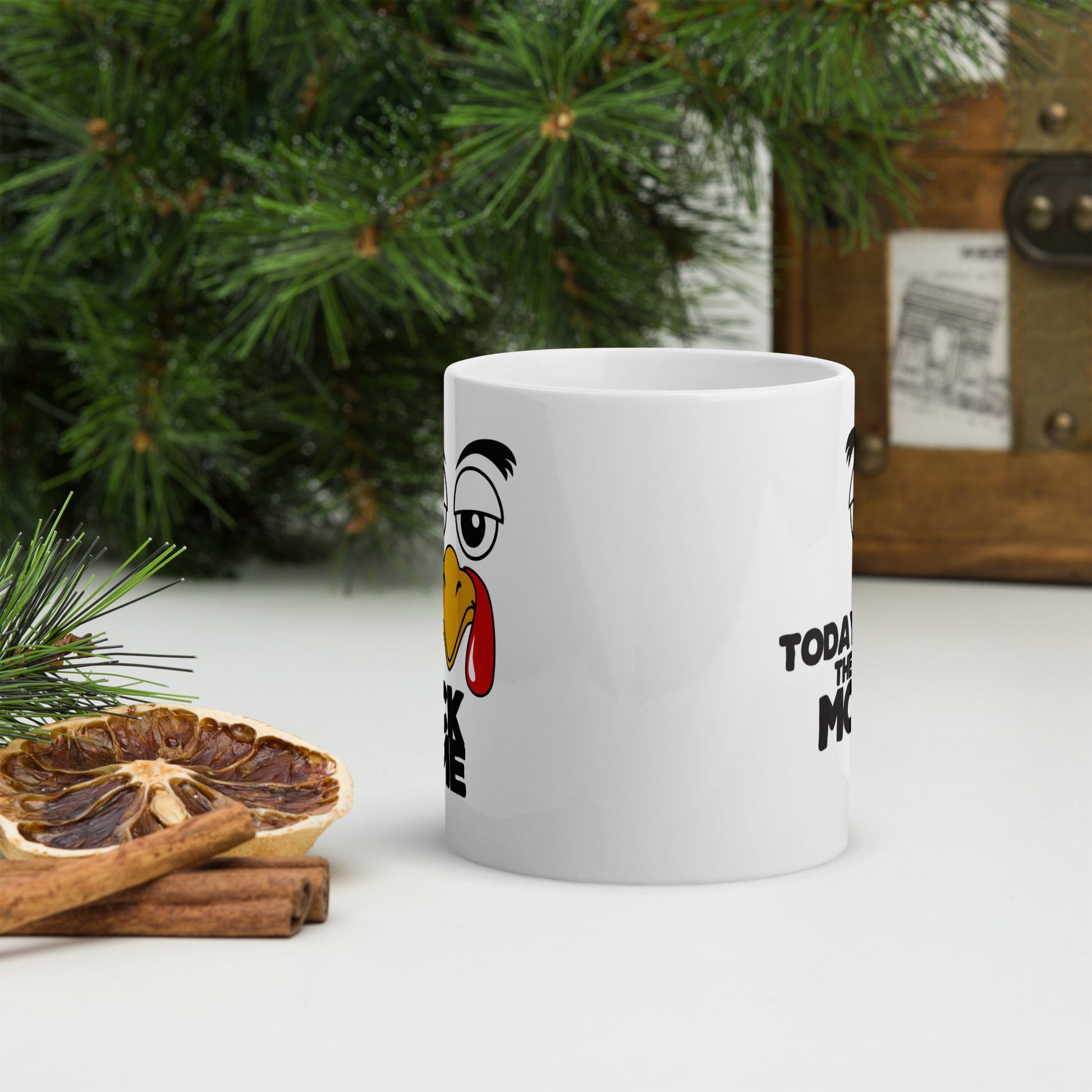 Illustration of a turkey with a mocking expression and the text 'Today, They Mock Me' in bold letters on a white ceramic mug. 11oz