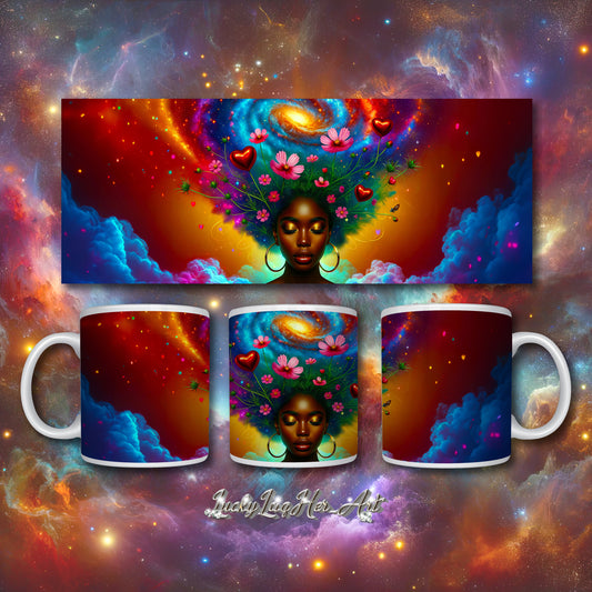 Universe's Love Blossom: African Beauty and Space Floral Fusion – Mug Wrap v1 - 11oz