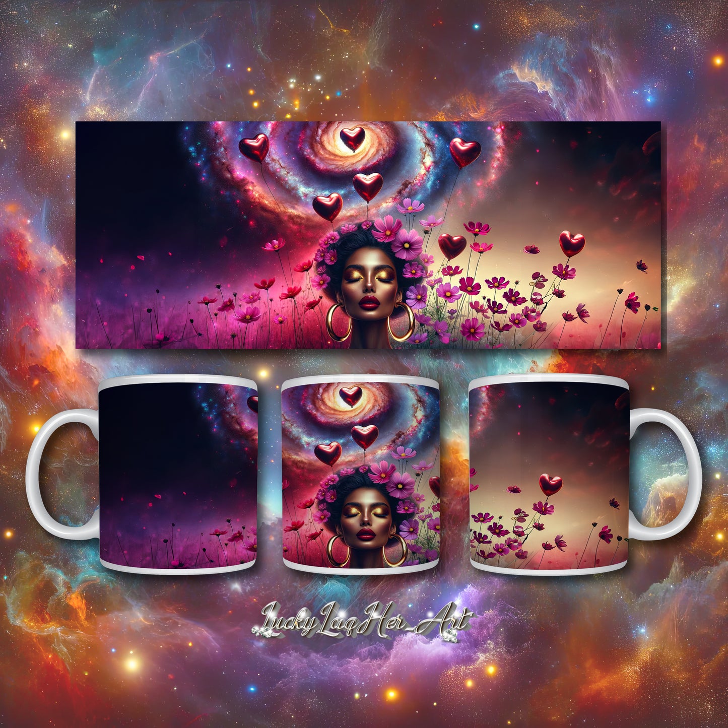 Universe's Love Blossom: African Beauty and Space Floral Fusion – Mug Wrap v2 -11oz