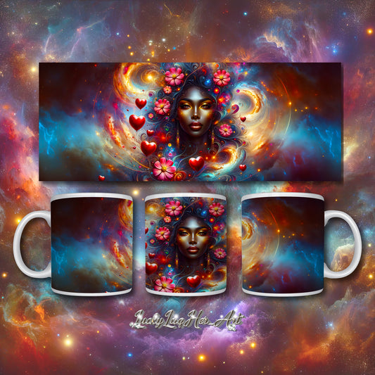 Universe's Love Blossom: African Beauty and Space Floral Fusion – Mug Wrap v3 -11oz