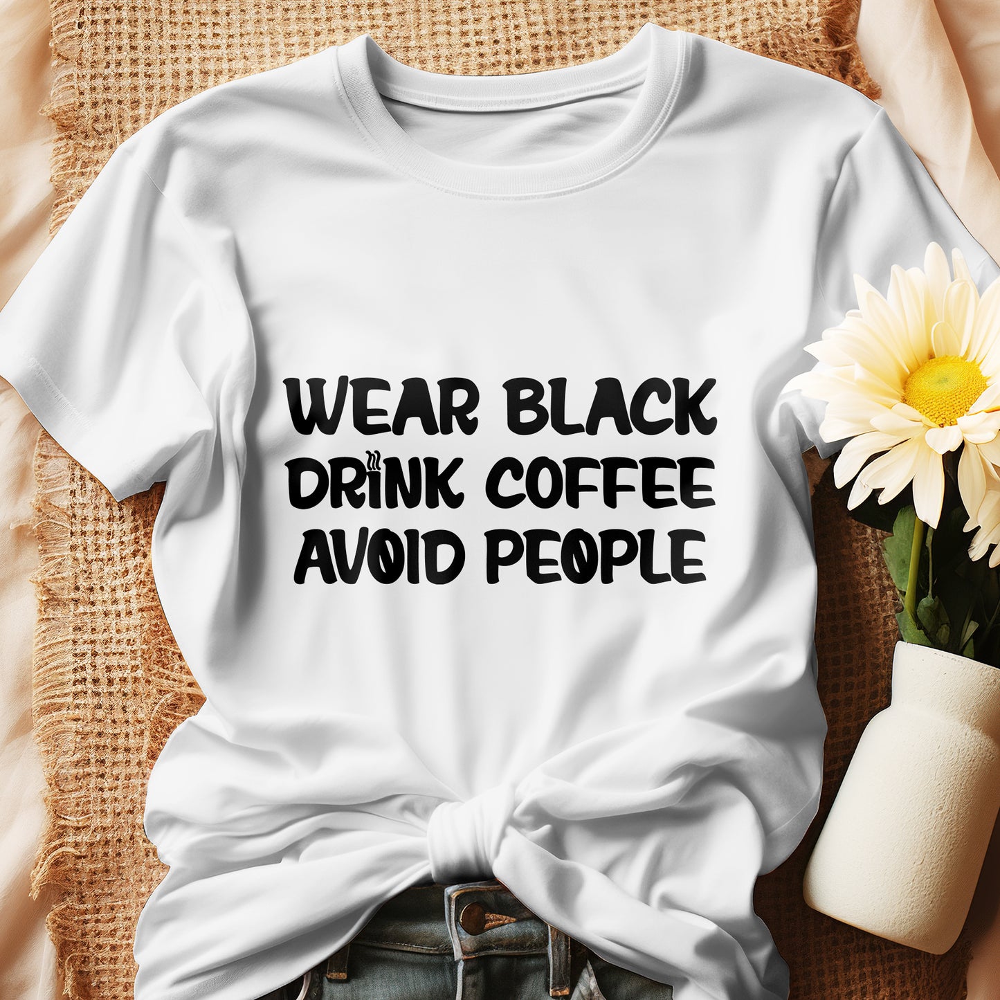 Black t-shirt with bold white text that reads 'Black, Coffee, People' designed for coffee lovers and introverts. The shirt features a minimalist design, emphasizing a love for coffee and quiet moments, perfect for casual wear.