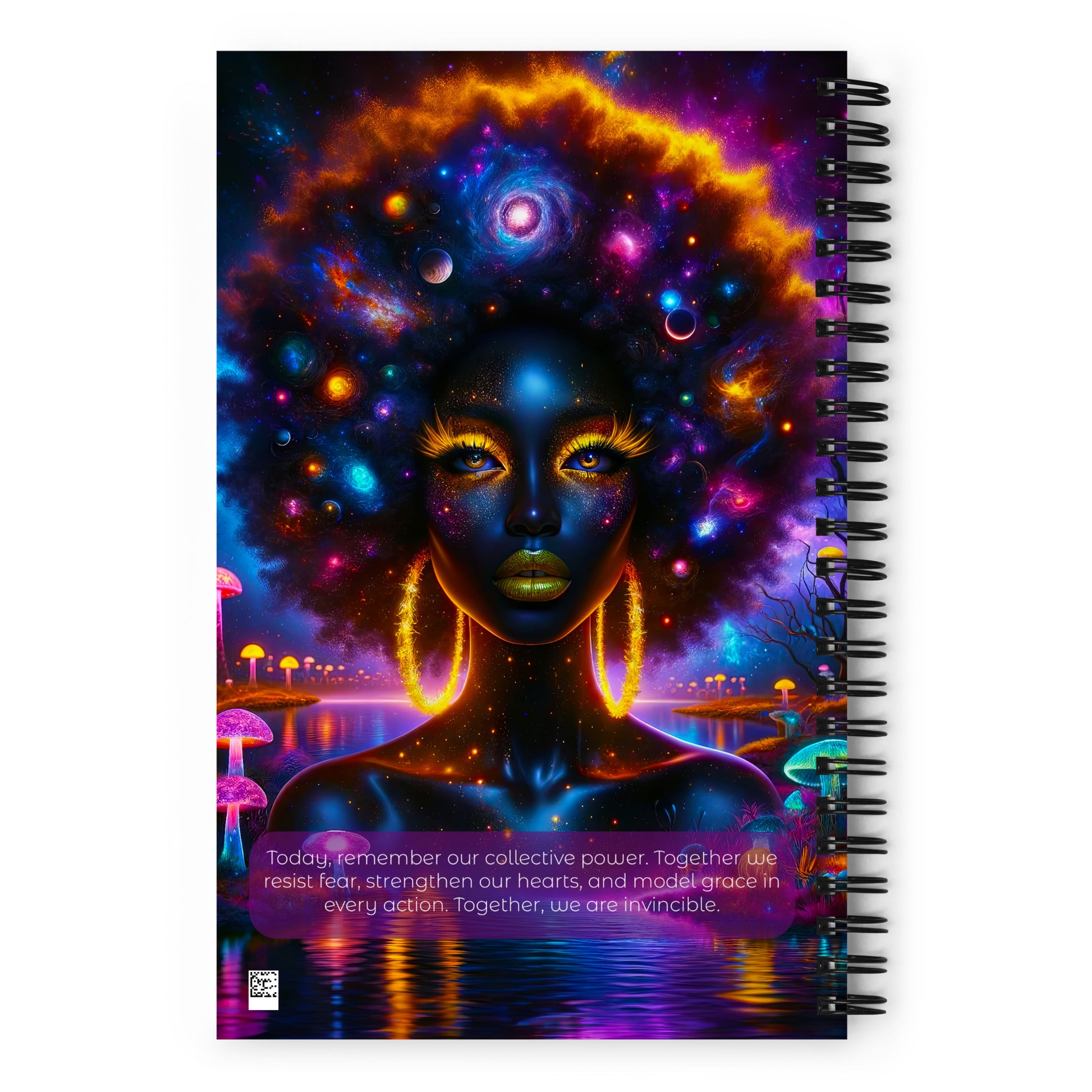 Empowering 'Galactic Inspiration: Cosmic Muse' Journal for Daily Creativity and Reflection, with a Vivid Galaxy-themed Cover Design and Sturdy Spiral Binding.