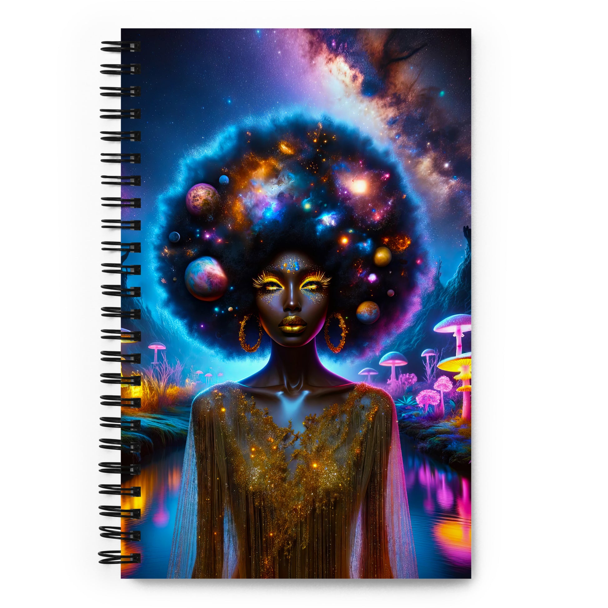 Empowering 'Galactic Inspiration: Cosmic Muse' Journal for Daily Creativity and Reflection, with a Vivid Galaxy-themed Cover Design and Sturdy Spiral Binding.