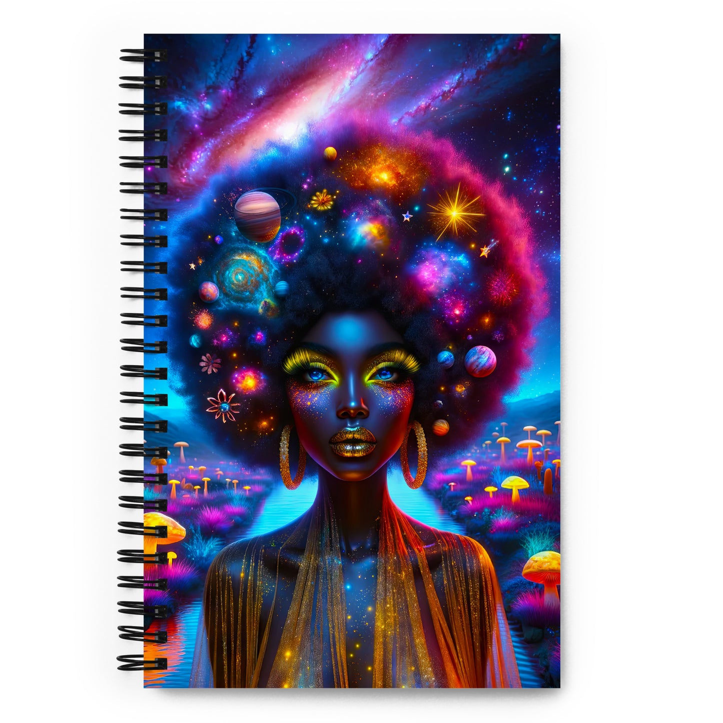 Empowering 'Galactic Inspiration: Cosmic Muse' Journal for Daily Creativity and Reflection, with a Vivid Galaxy-themed Cover Design and Sturdy Spiral Binding.