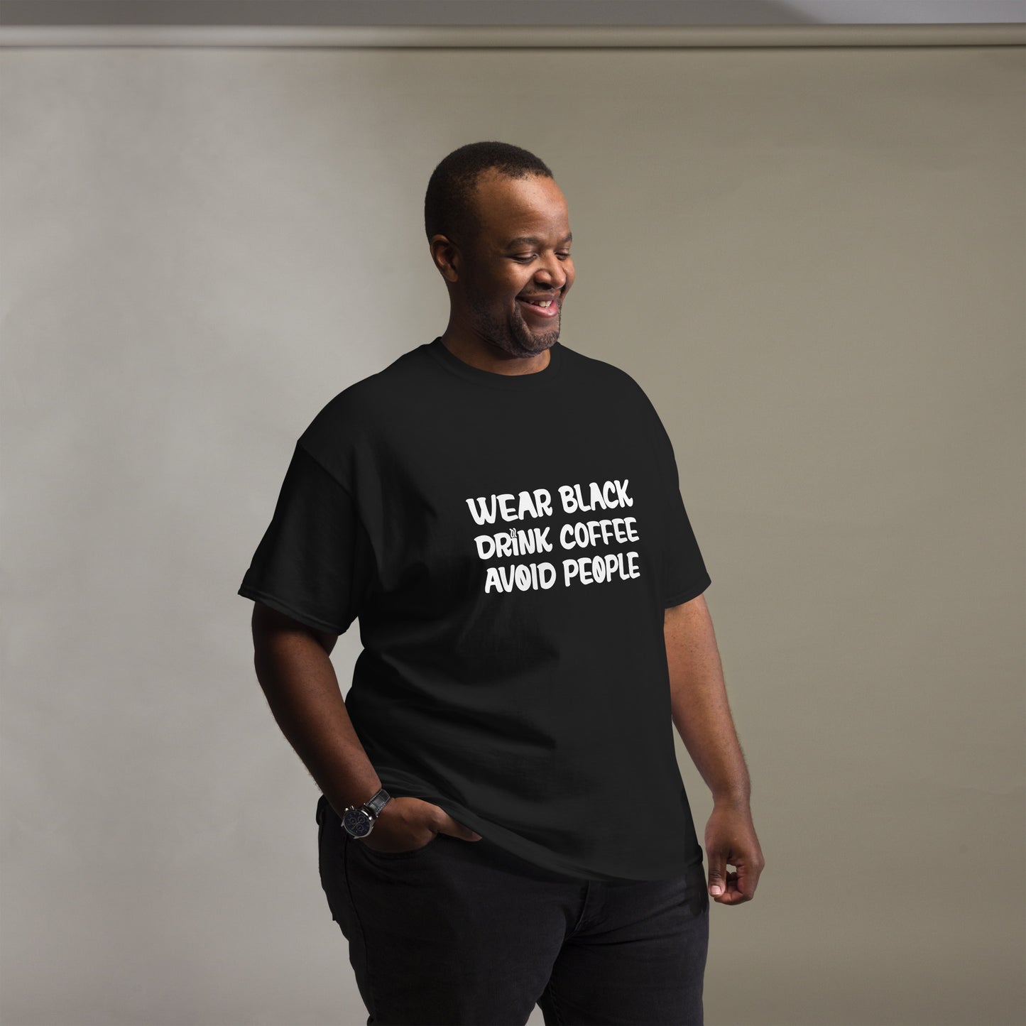 Black t-shirt with bold white text that reads 'Black, Coffee, People' designed for coffee lovers and introverts. The shirt features a minimalist design, emphasizing a love for coffee and quiet moments, perfect for casual wear.