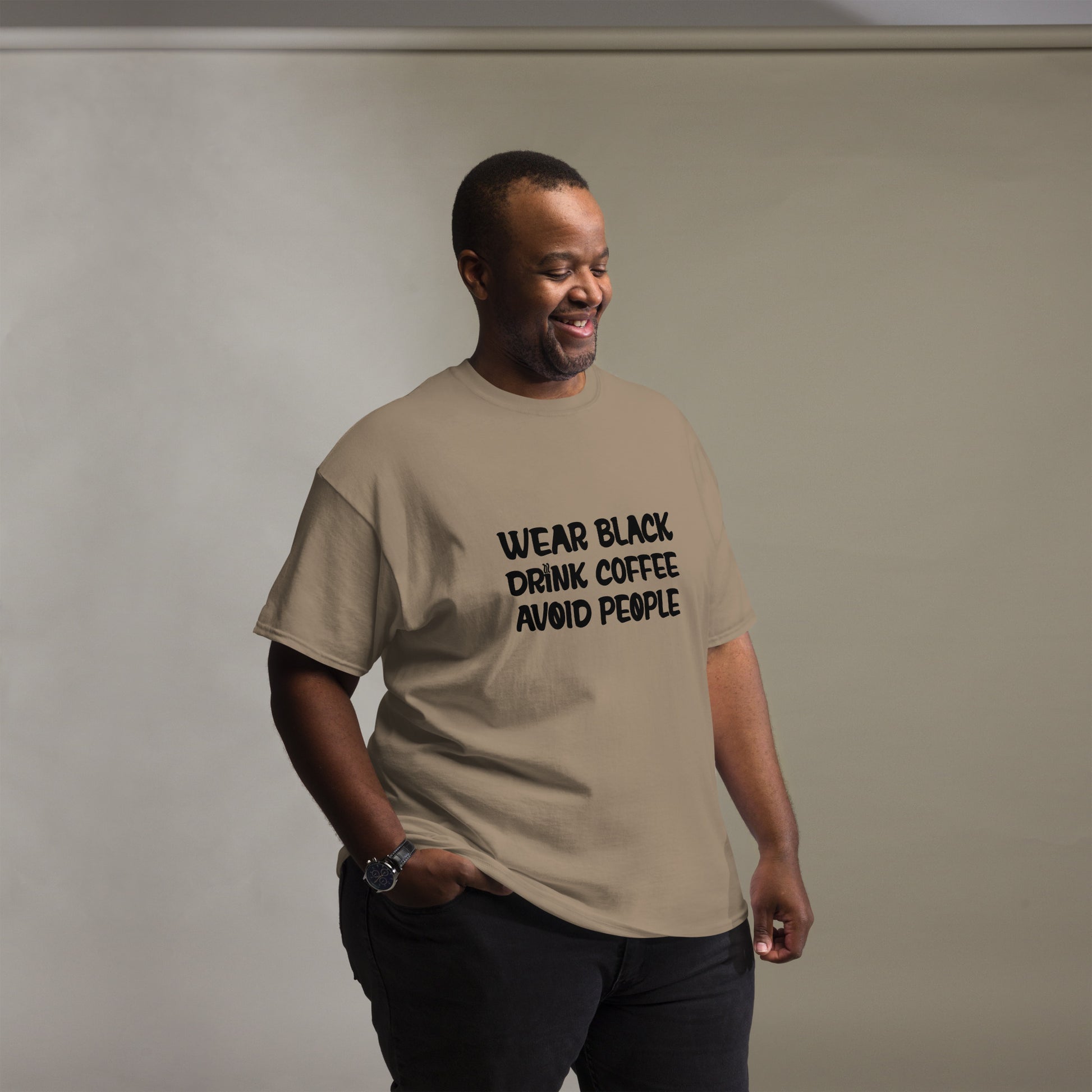 Black t-shirt with bold white text that reads 'Black, Coffee, People' designed for coffee lovers and introverts. The shirt features a minimalist design, emphasizing a love for coffee and quiet moments, perfect for casual wear.