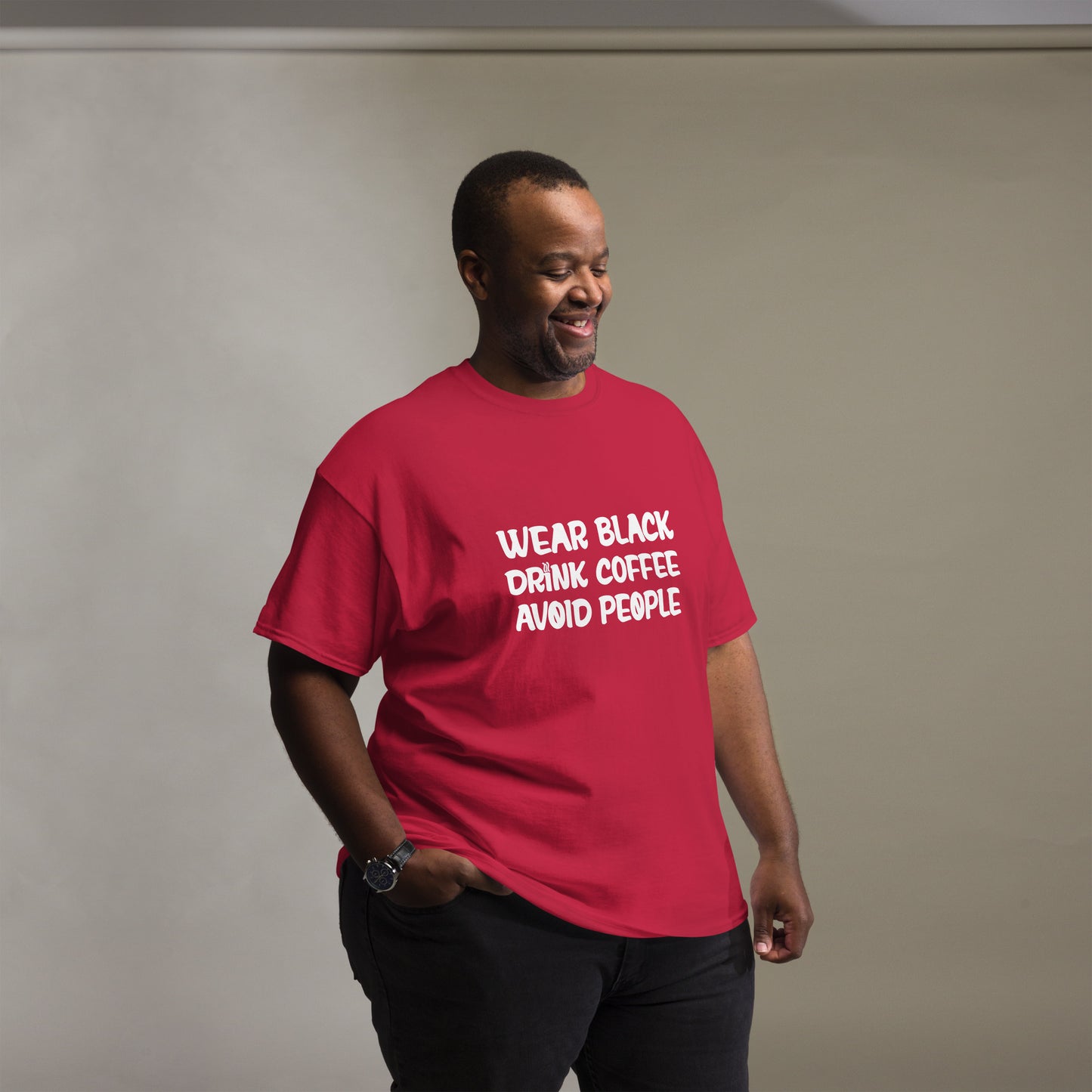 Black t-shirt with bold white text that reads 'Black, Coffee, People' designed for coffee lovers and introverts. The shirt features a minimalist design, emphasizing a love for coffee and quiet moments, perfect for casual wear.