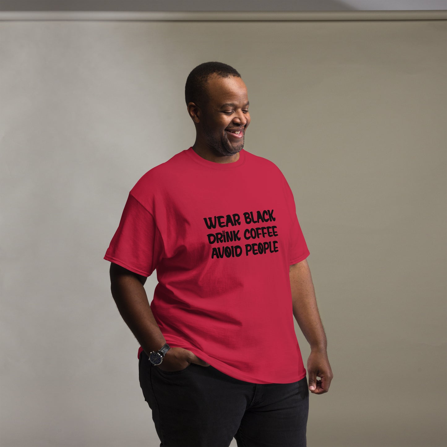 Black t-shirt with bold white text that reads 'Black, Coffee, People' designed for coffee lovers and introverts. The shirt features a minimalist design, emphasizing a love for coffee and quiet moments, perfect for casual wear.