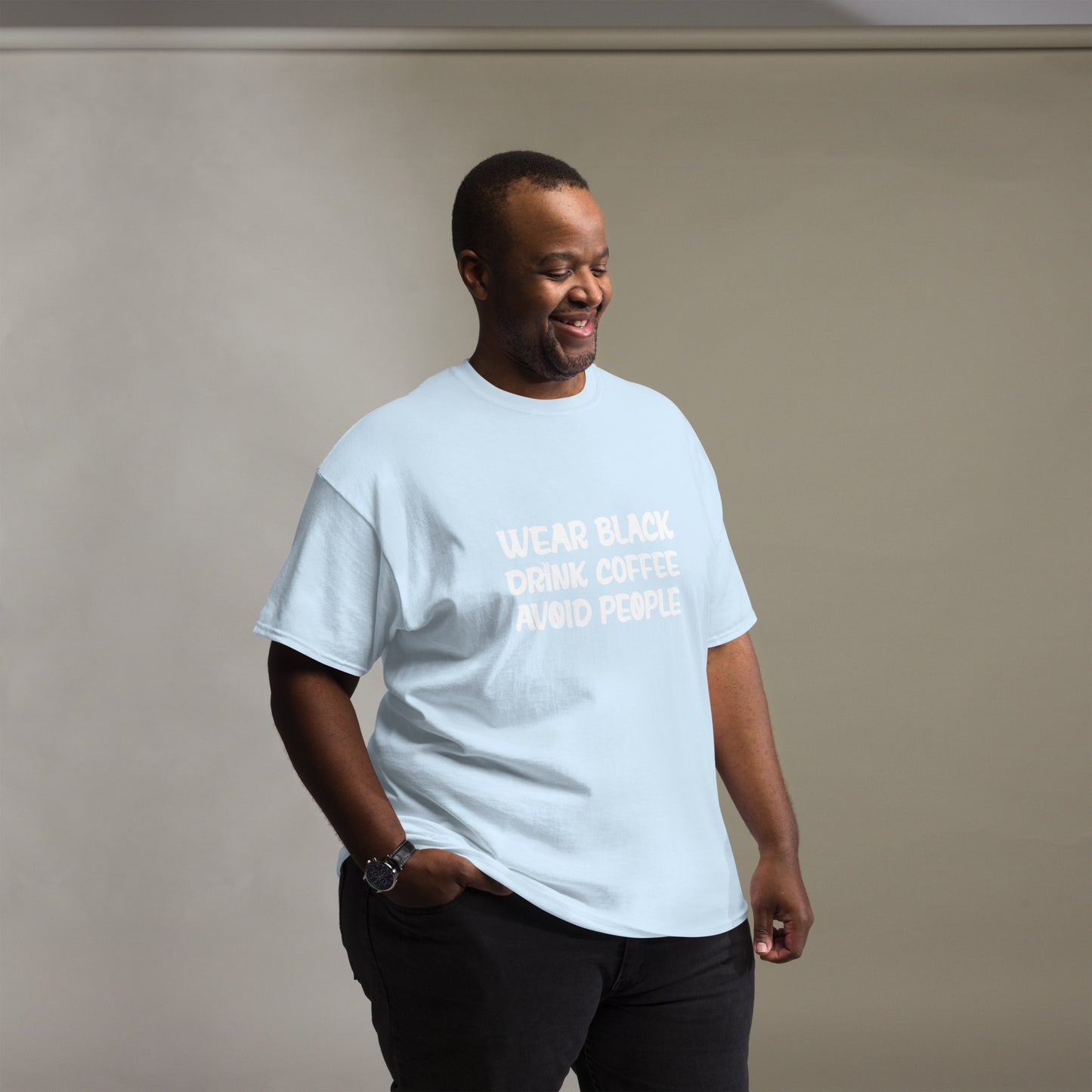 Black t-shirt with bold white text that reads 'Black, Coffee, People' designed for coffee lovers and introverts. The shirt features a minimalist design, emphasizing a love for coffee and quiet moments, perfect for casual wear.