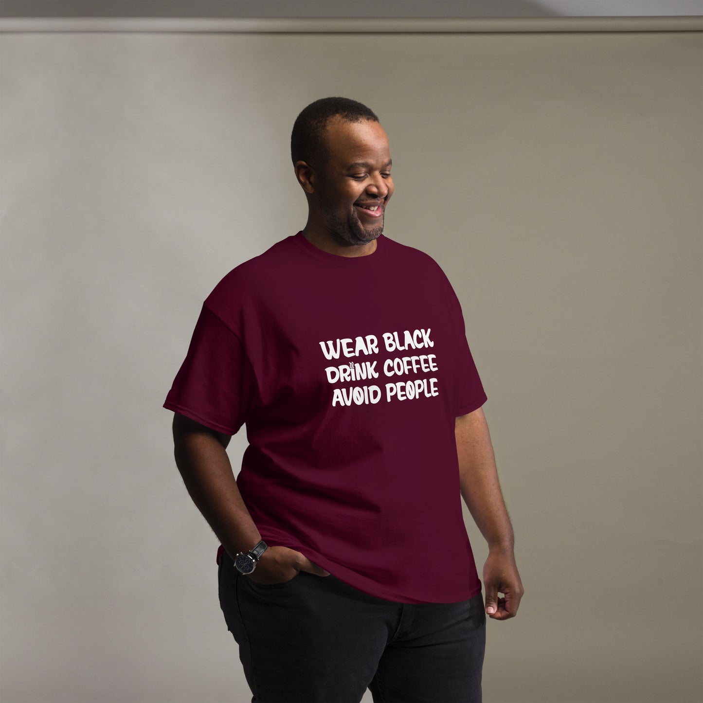 Black t-shirt with bold white text that reads 'Black, Coffee, People' designed for coffee lovers and introverts. The shirt features a minimalist design, emphasizing a love for coffee and quiet moments, perfect for casual wear.