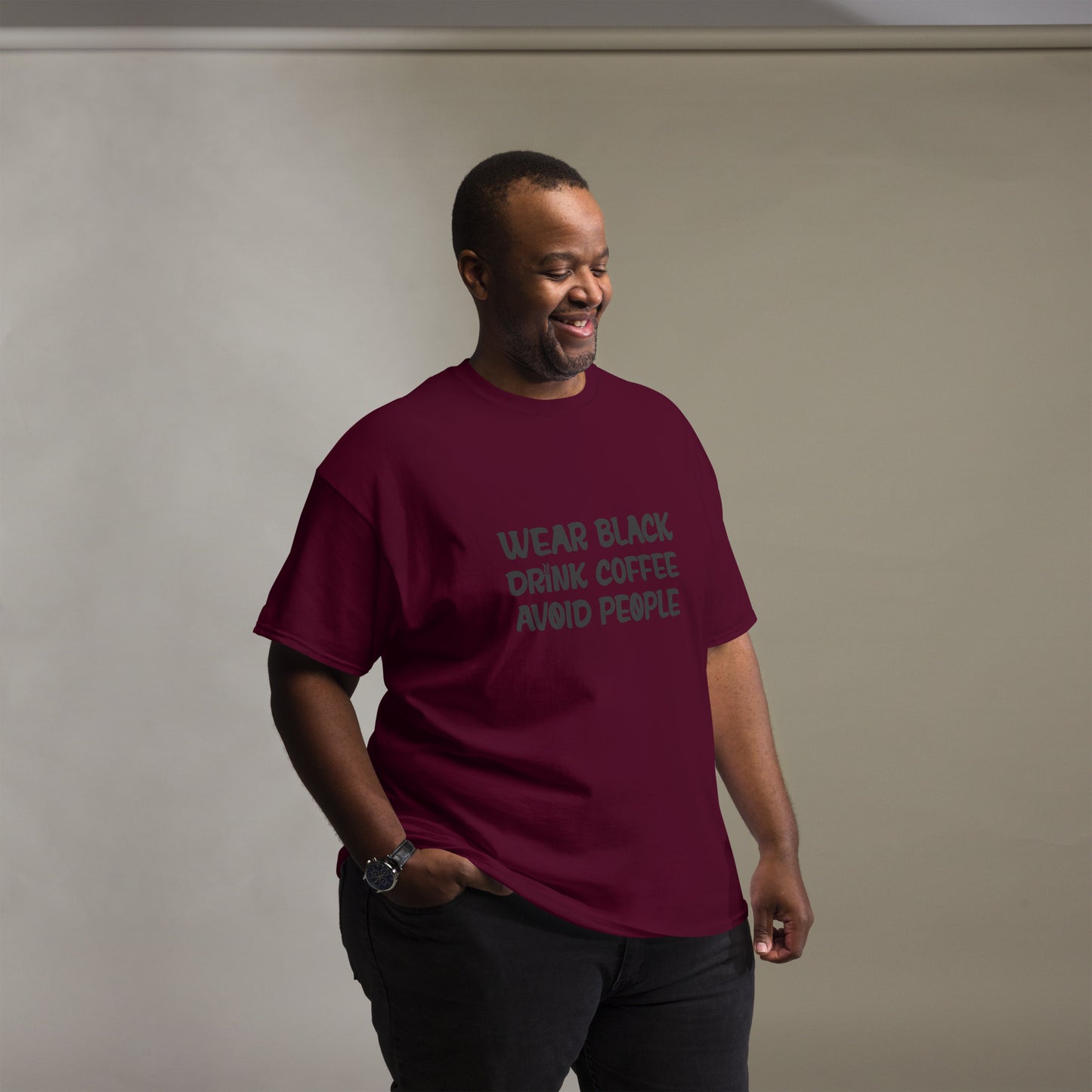 Black t-shirt with bold white text that reads 'Black, Coffee, People' designed for coffee lovers and introverts. The shirt features a minimalist design, emphasizing a love for coffee and quiet moments, perfect for casual wear.