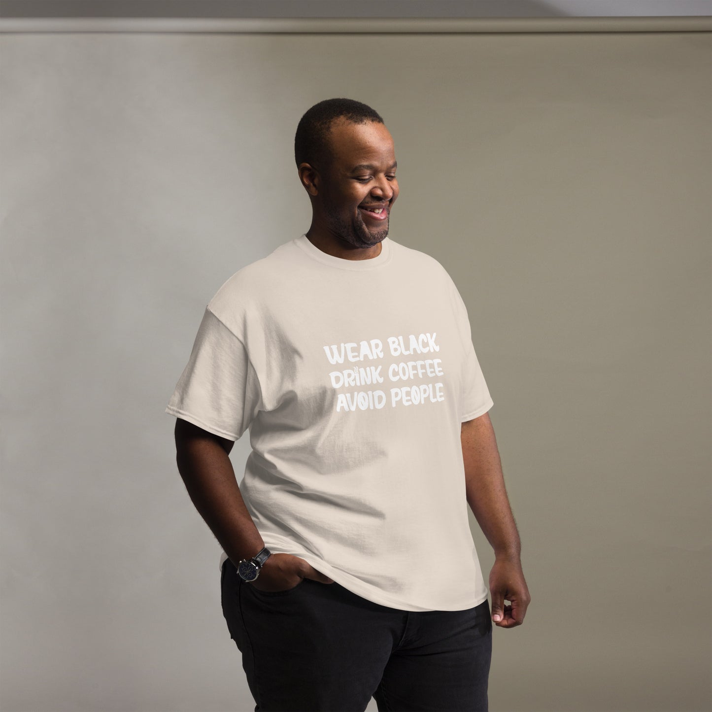 Black t-shirt with bold white text that reads 'Black, Coffee, People' designed for coffee lovers and introverts. The shirt features a minimalist design, emphasizing a love for coffee and quiet moments, perfect for casual wear.