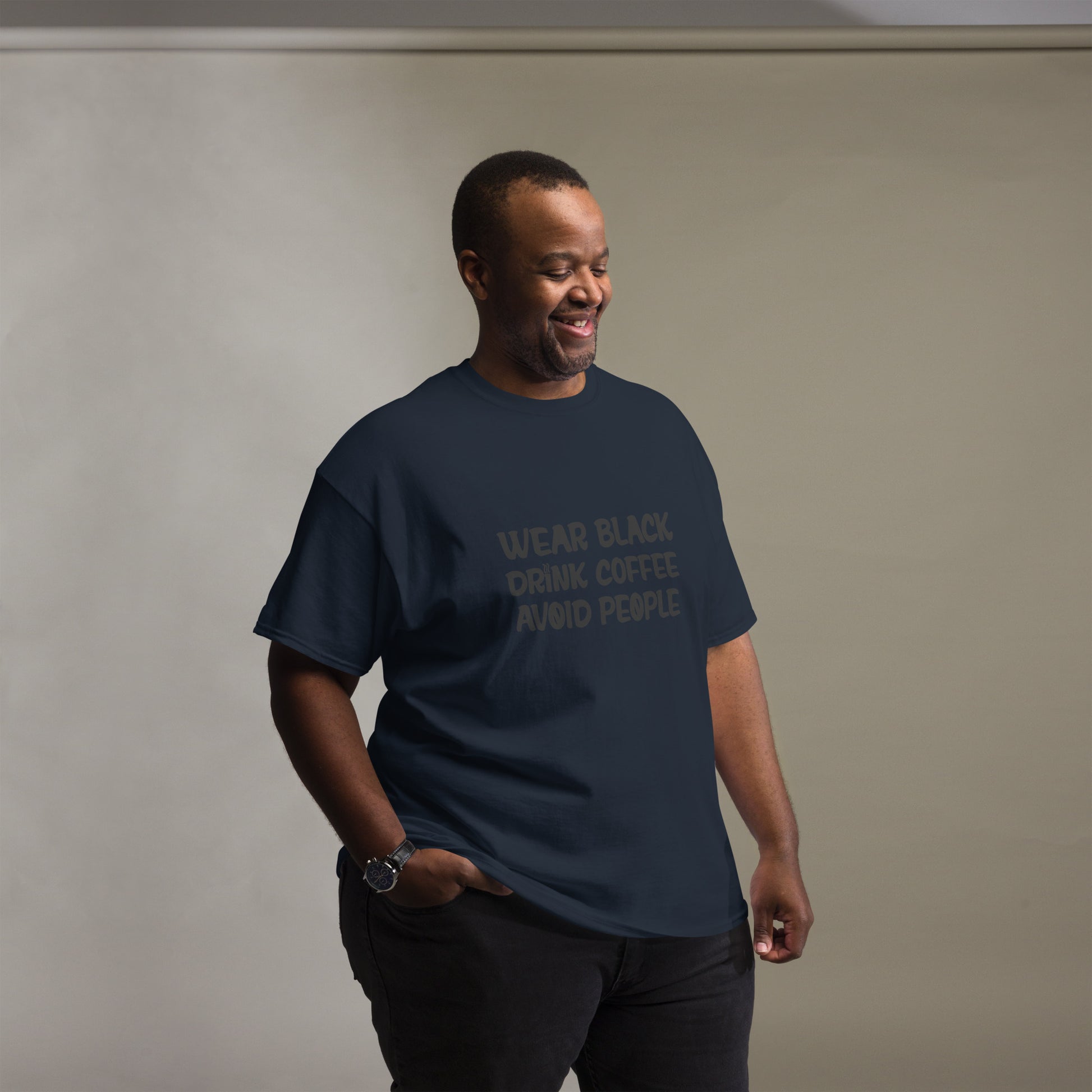 Black t-shirt with bold white text that reads 'Black, Coffee, People' designed for coffee lovers and introverts. The shirt features a minimalist design, emphasizing a love for coffee and quiet moments, perfect for casual wear.