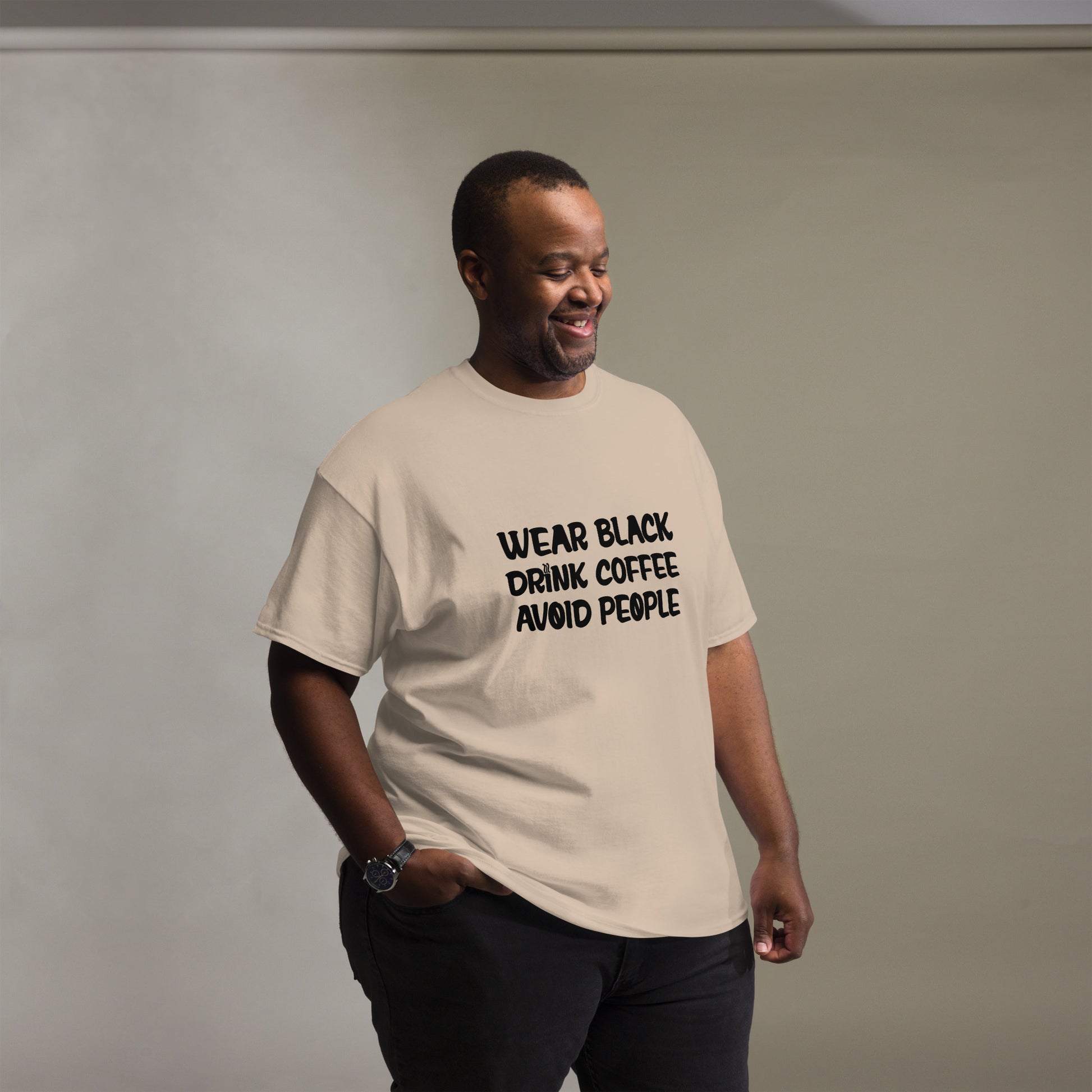 Black t-shirt with bold white text that reads 'Black, Coffee, People' designed for coffee lovers and introverts. The shirt features a minimalist design, emphasizing a love for coffee and quiet moments, perfect for casual wear.