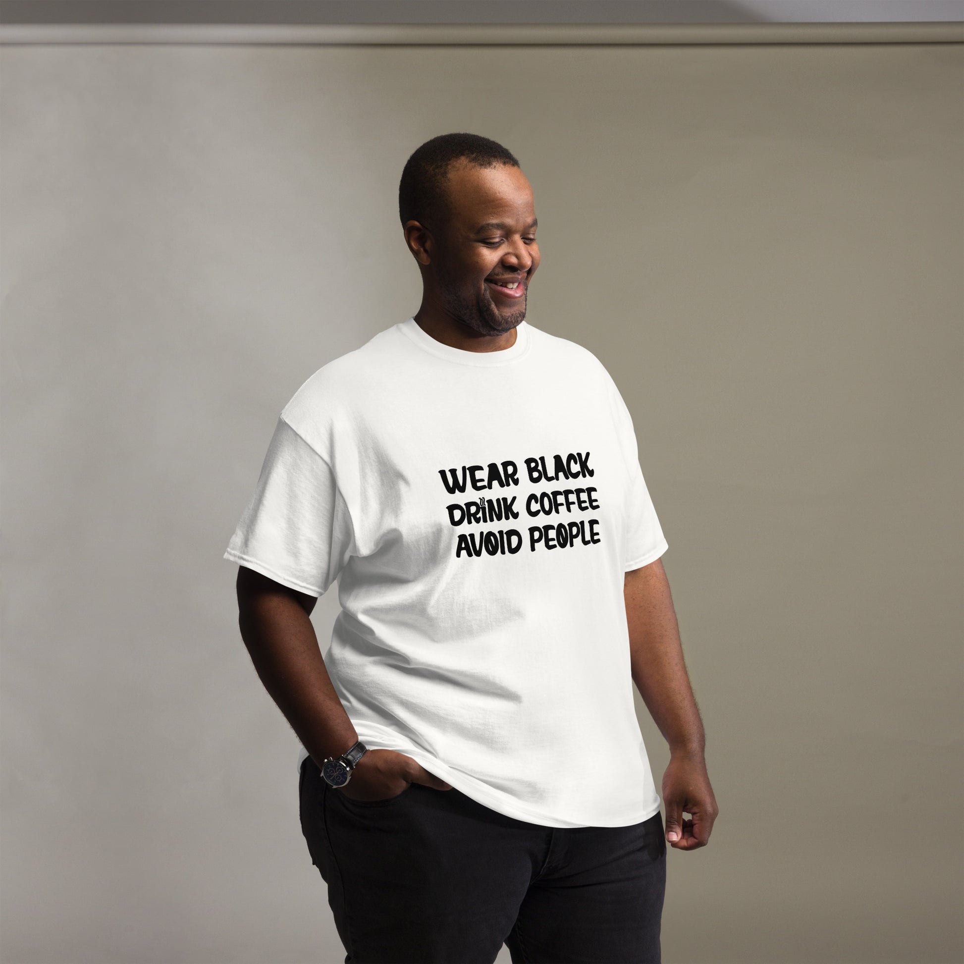 Black t-shirt with bold white text that reads 'Black, Coffee, People' designed for coffee lovers and introverts. The shirt features a minimalist design, emphasizing a love for coffee and quiet moments, perfect for casual wear.