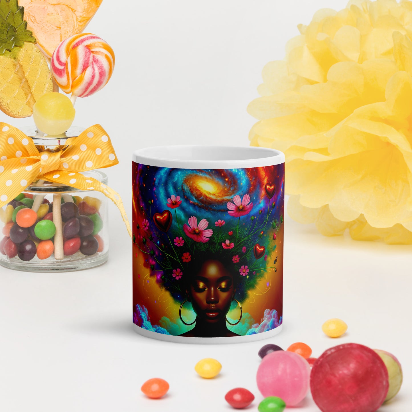 Universe's Love Blossom: African Beauty and Space Floral Fusion – Mug Wrap v1 - 11oz