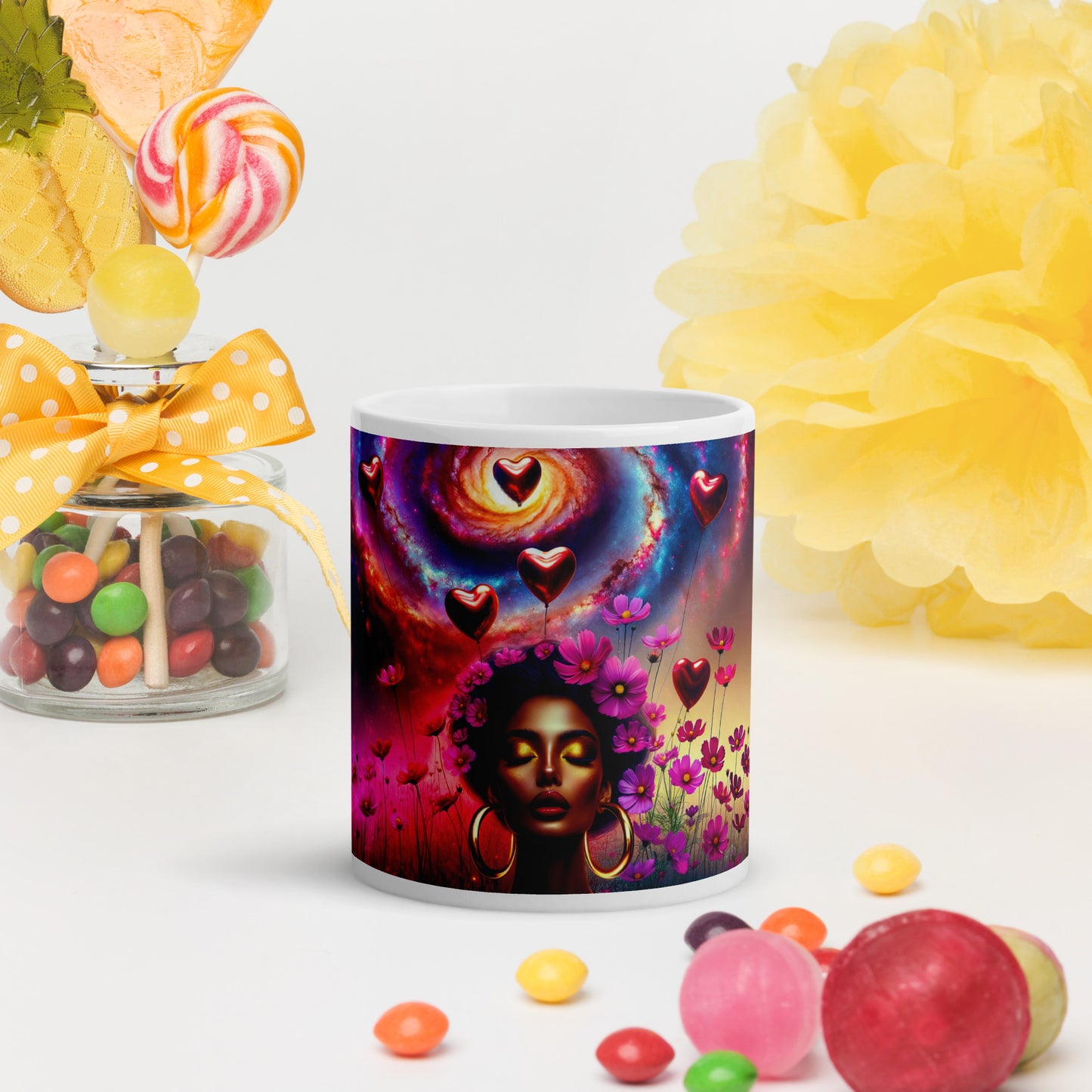 Universe's Love Blossom: African Beauty and Space Floral Fusion – Mug Wrap v2 -11oz