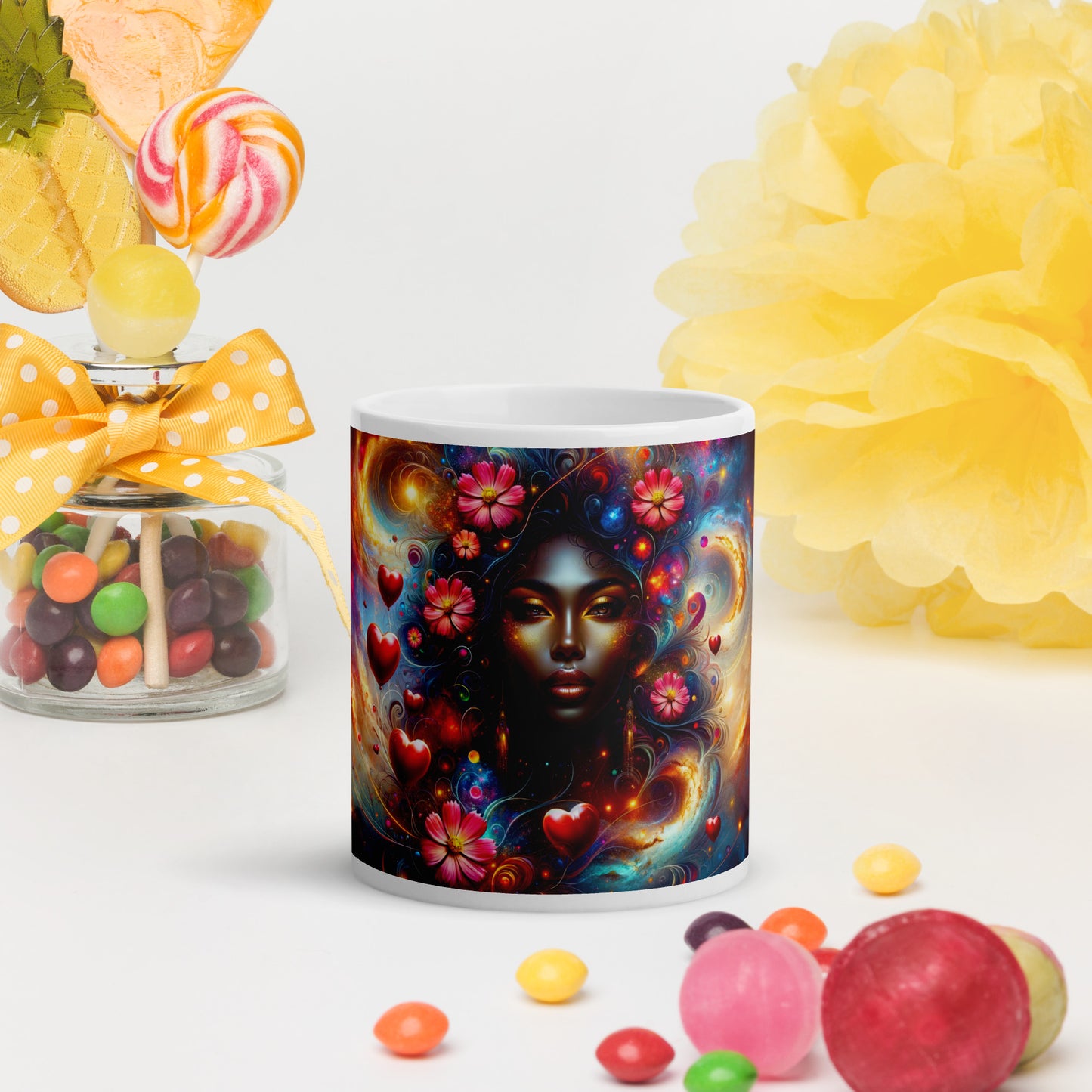 Universe's Love Blossom: African Beauty and Space Floral Fusion – Mug Wrap v3 -11oz