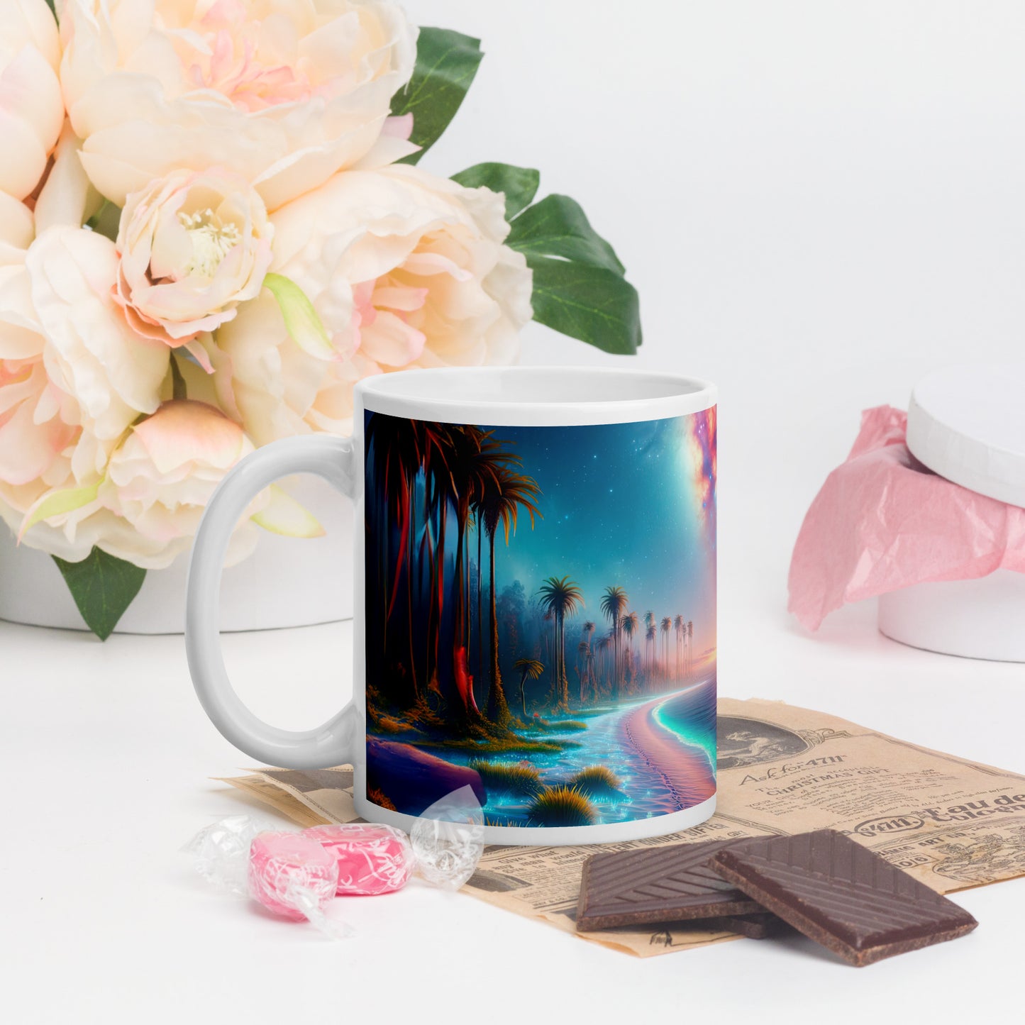 Serene Alien Beach v1 Mug Wrap 11oz - Unique Space-Themed Artistic Mugs