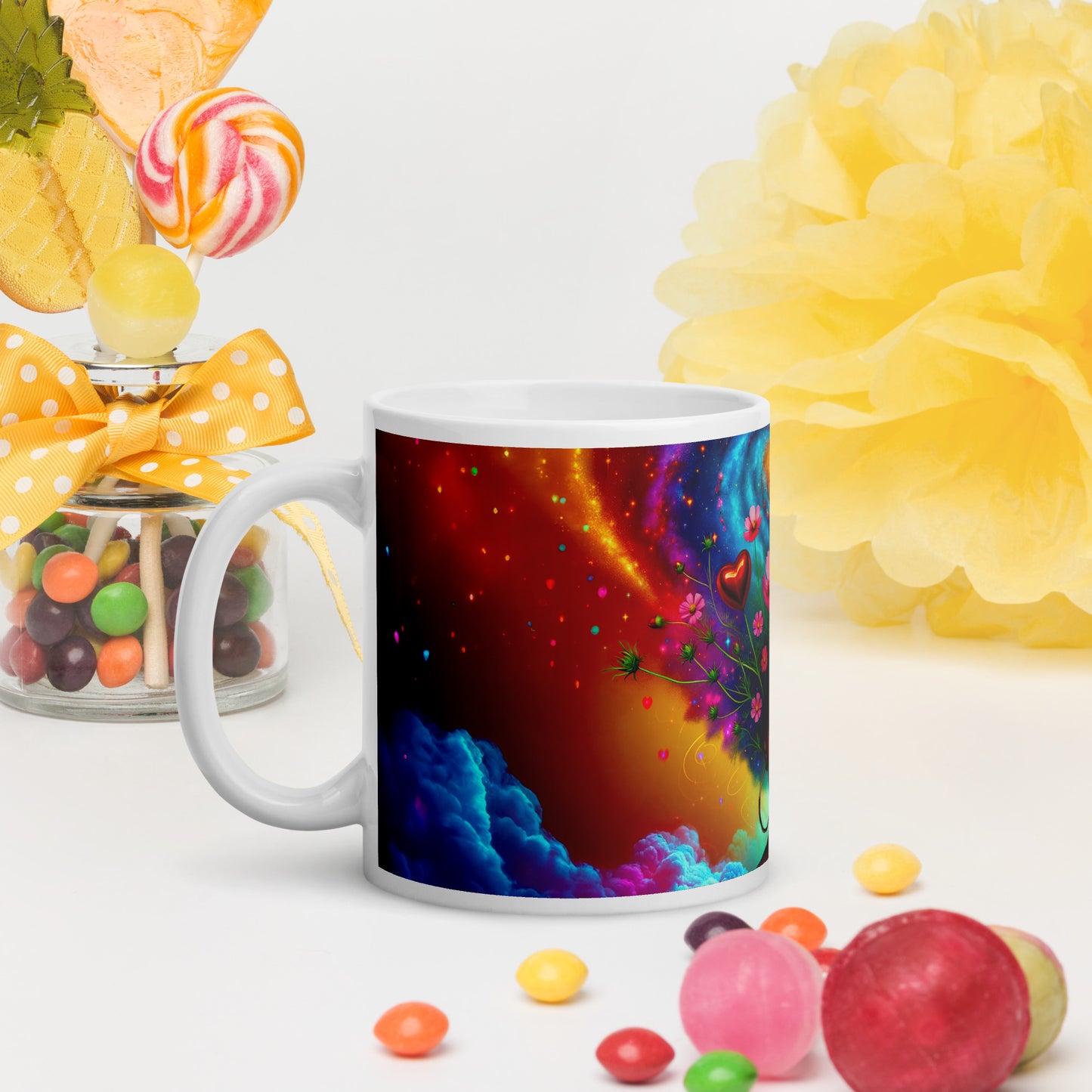 Universe's Love Blossom: African Beauty and Space Floral Fusion – Mug Wrap v1 - 11oz