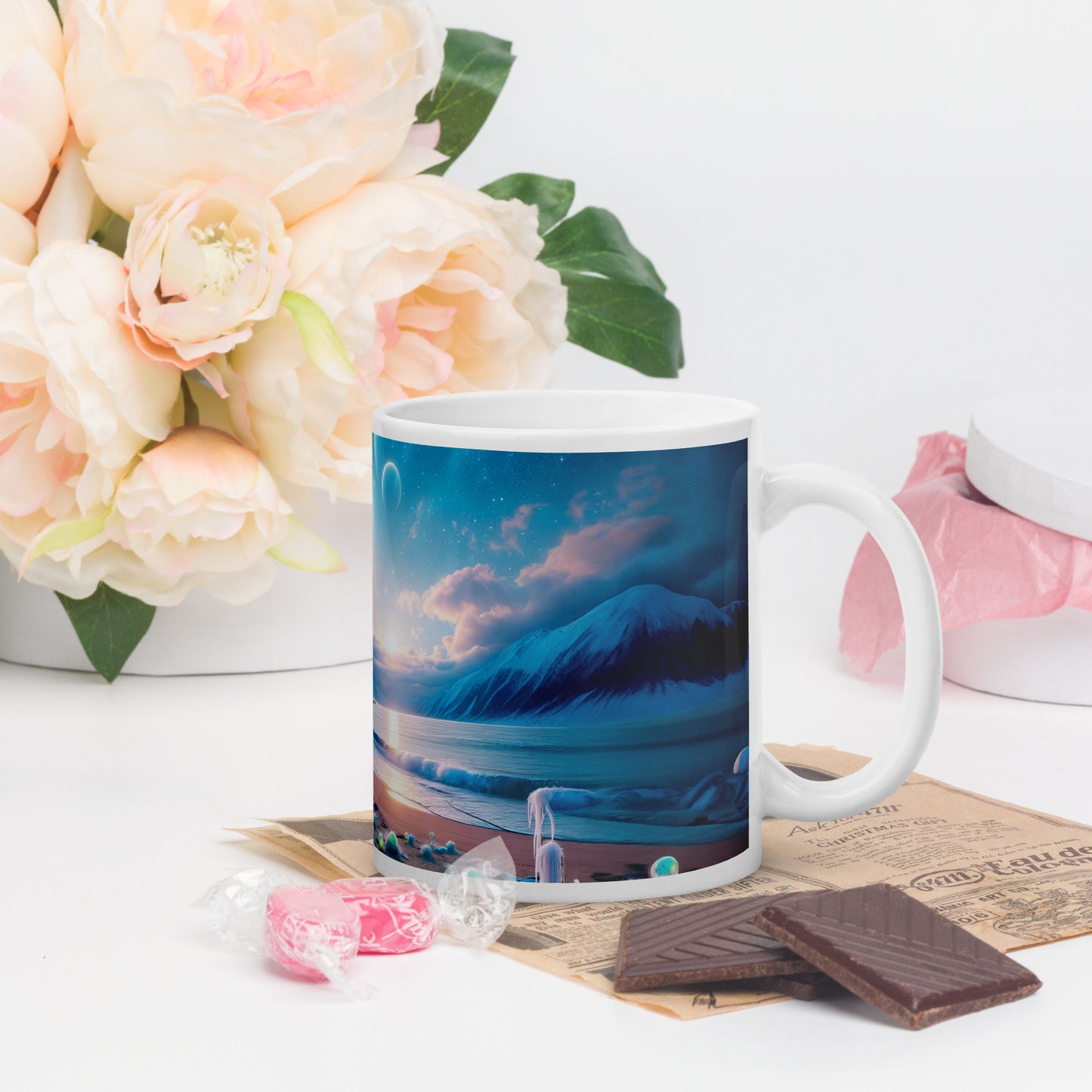 Serene Alien Beach v3 Mug Wrap 11oz - Unique Space-Themed Artistic Mugs