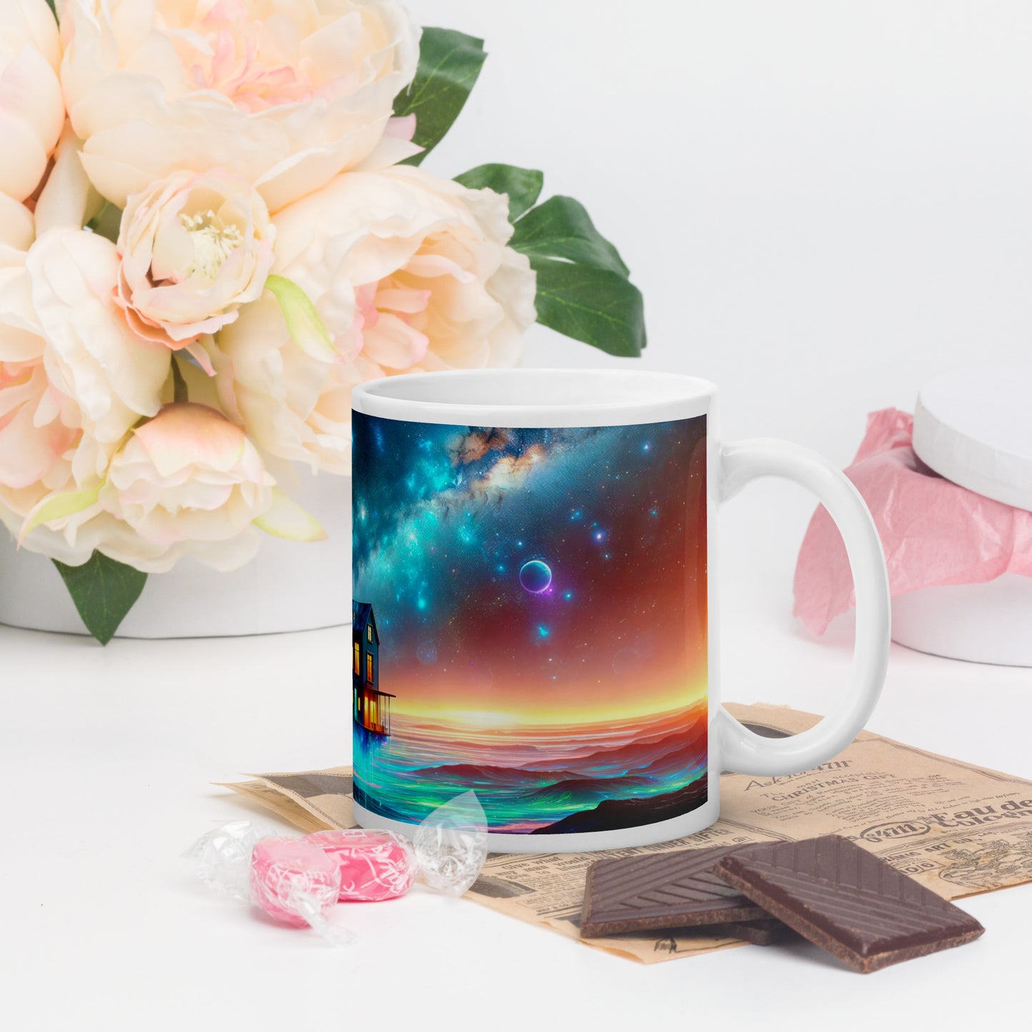 Cosmic Sanctuary: Interstellar Abode Amidst Nebulae - Mug Wrap v1 - 11oz