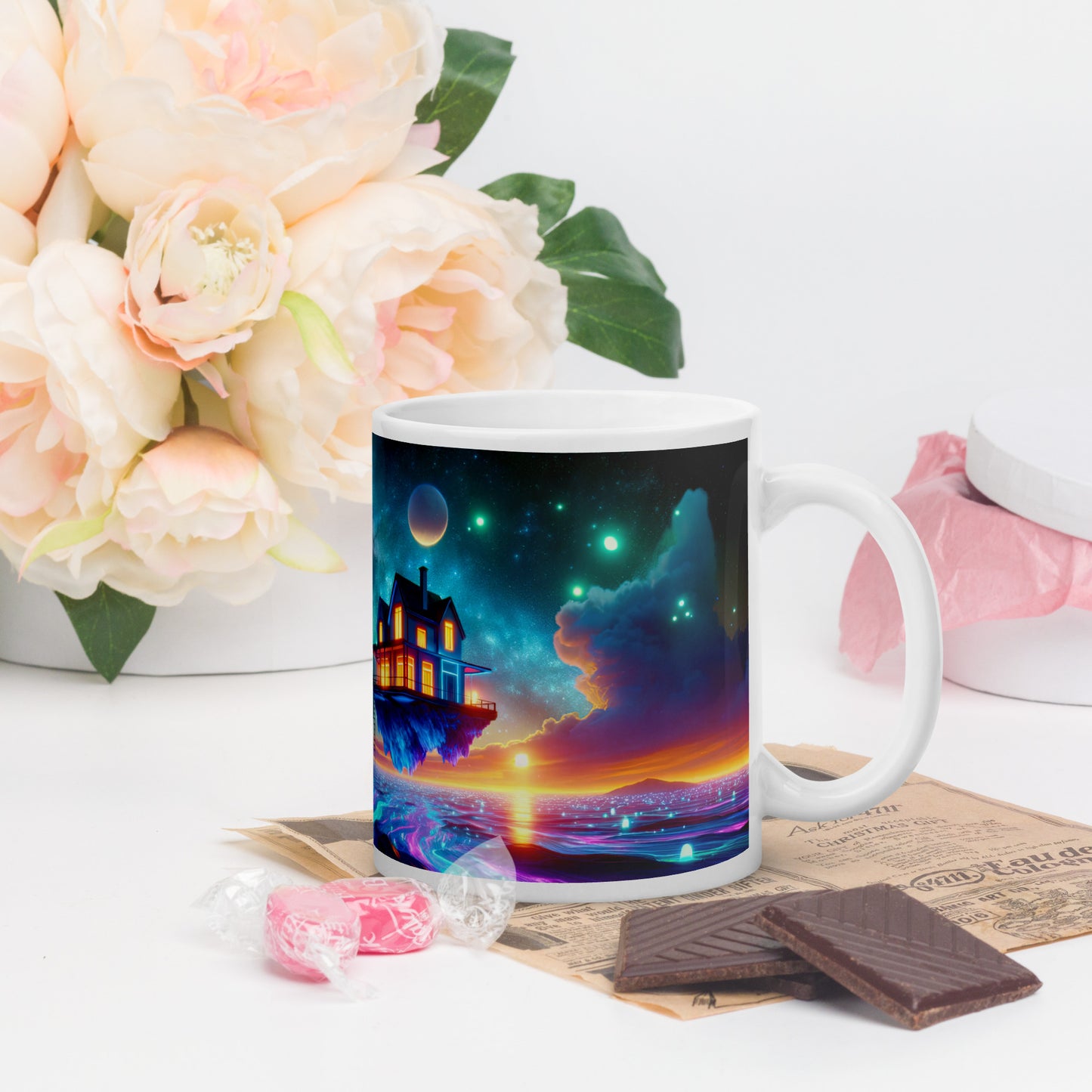 Cosmic Sanctuary: Interstellar Abode Amidst Nebulae - Mug Wrap v2 - 11oz