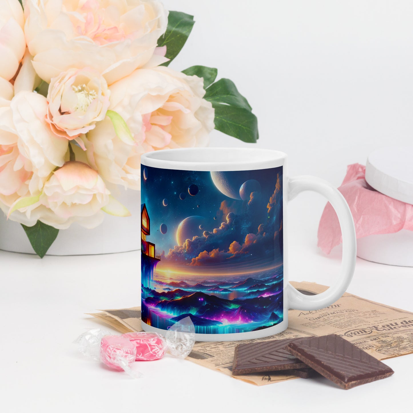 Cosmic Sanctuary: Interstellar Abode Amidst Nebulae - Mug Wrap v4 - 11oz