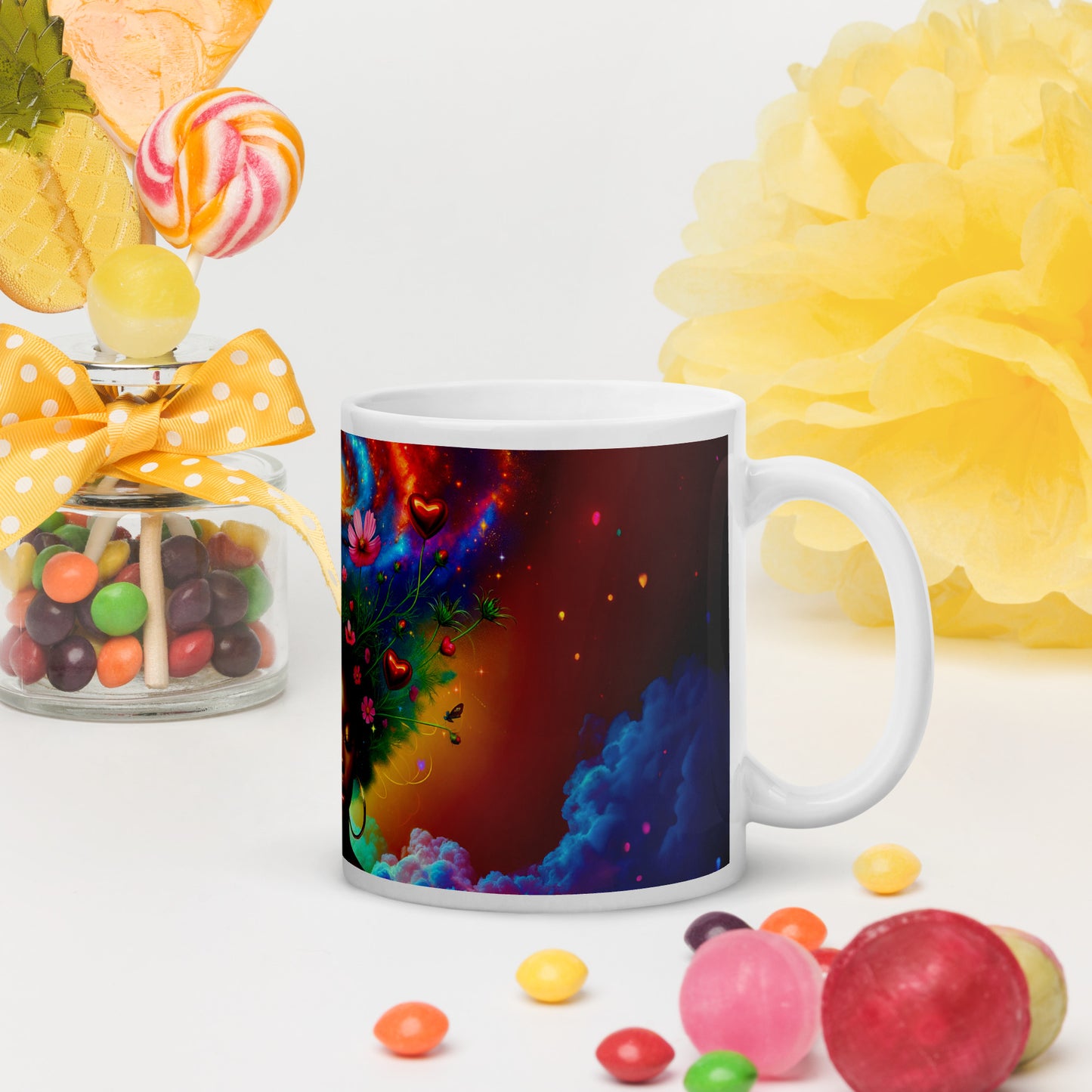 Universe's Love Blossom: African Beauty and Space Floral Fusion – Mug Wrap v1 - 11oz