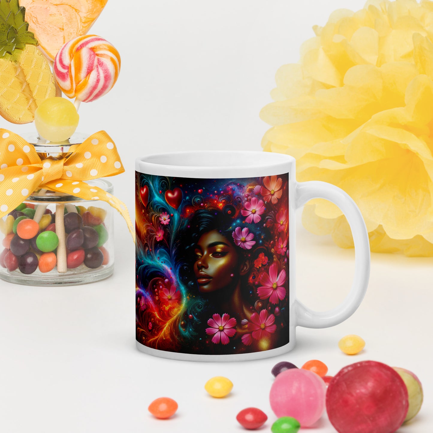 Universe's Love Blossom: African Beauty and Space Floral Fusion – Mug Wrap v4 -11oz