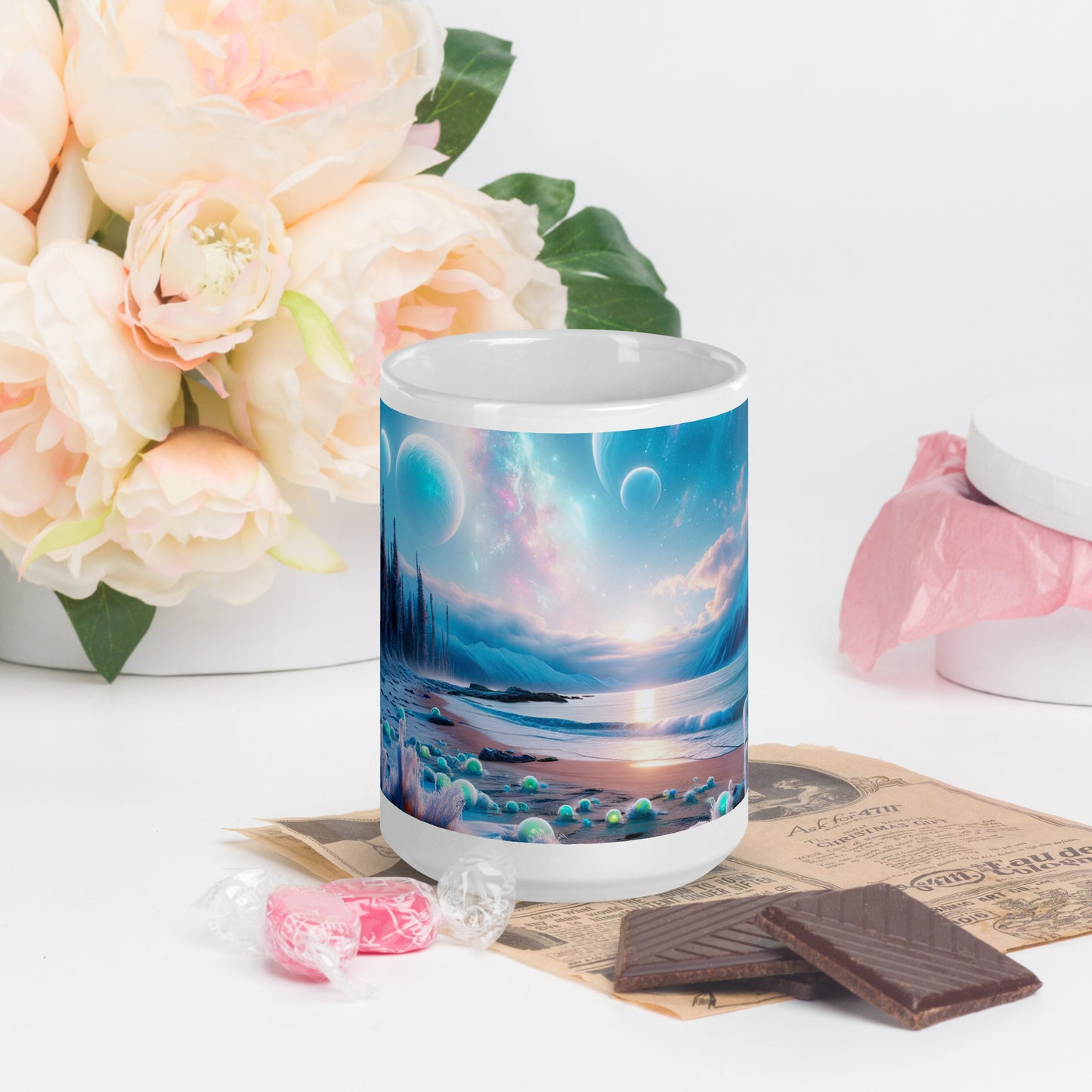 Serene Alien Beach v3 Mug Wrap 15oz - Unique Space-Themed Artistic Mugs