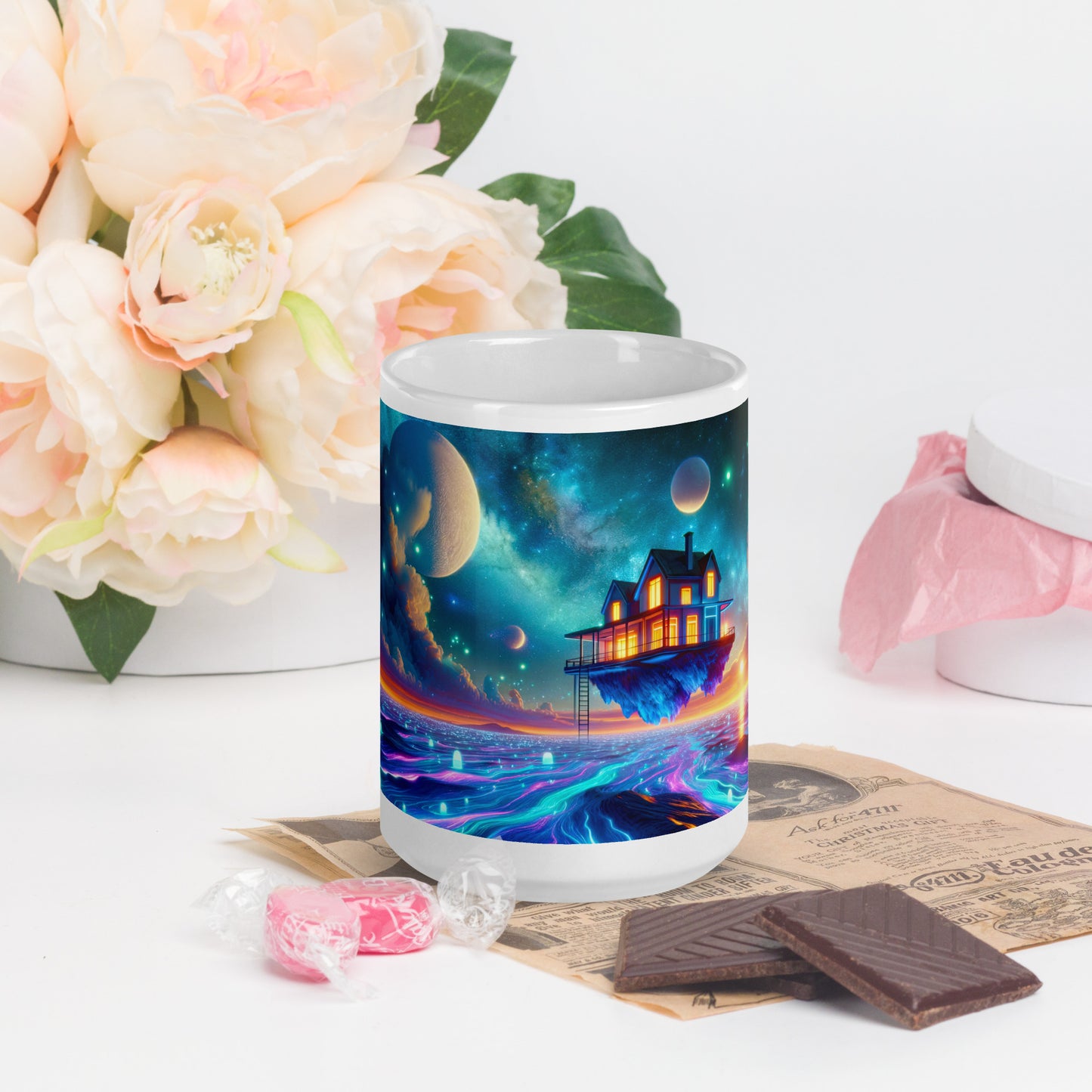 Cosmic Sanctuary: Interstellar Abode Amidst Nebulae - Mug Wrap v2 - 15oz