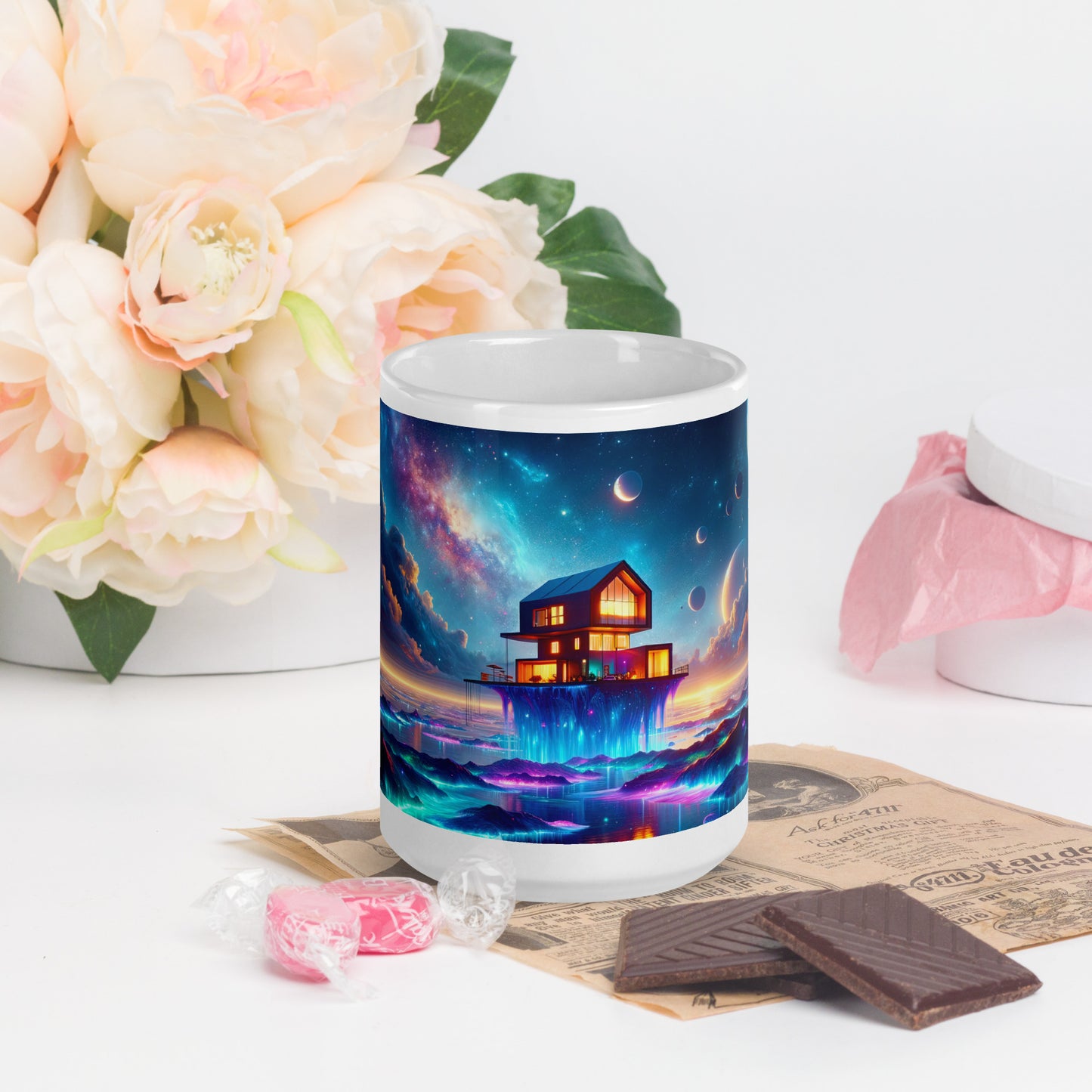 Cosmic Sanctuary: Interstellar Abode Amidst Nebulae - Mug Wrap v4 - 15oz