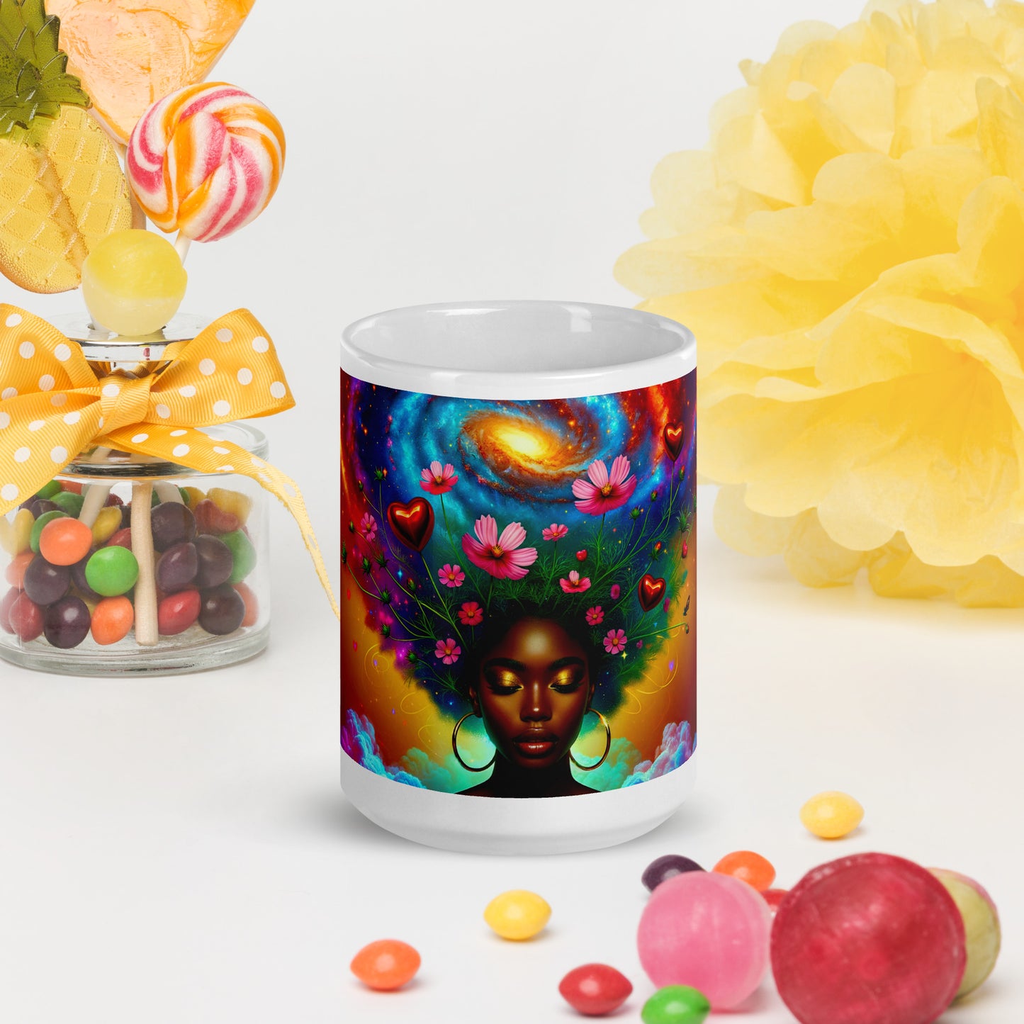 Universe's Love Blossom: African Beauty and Space Floral Fusion – Mug Wrap v1 - 15oz