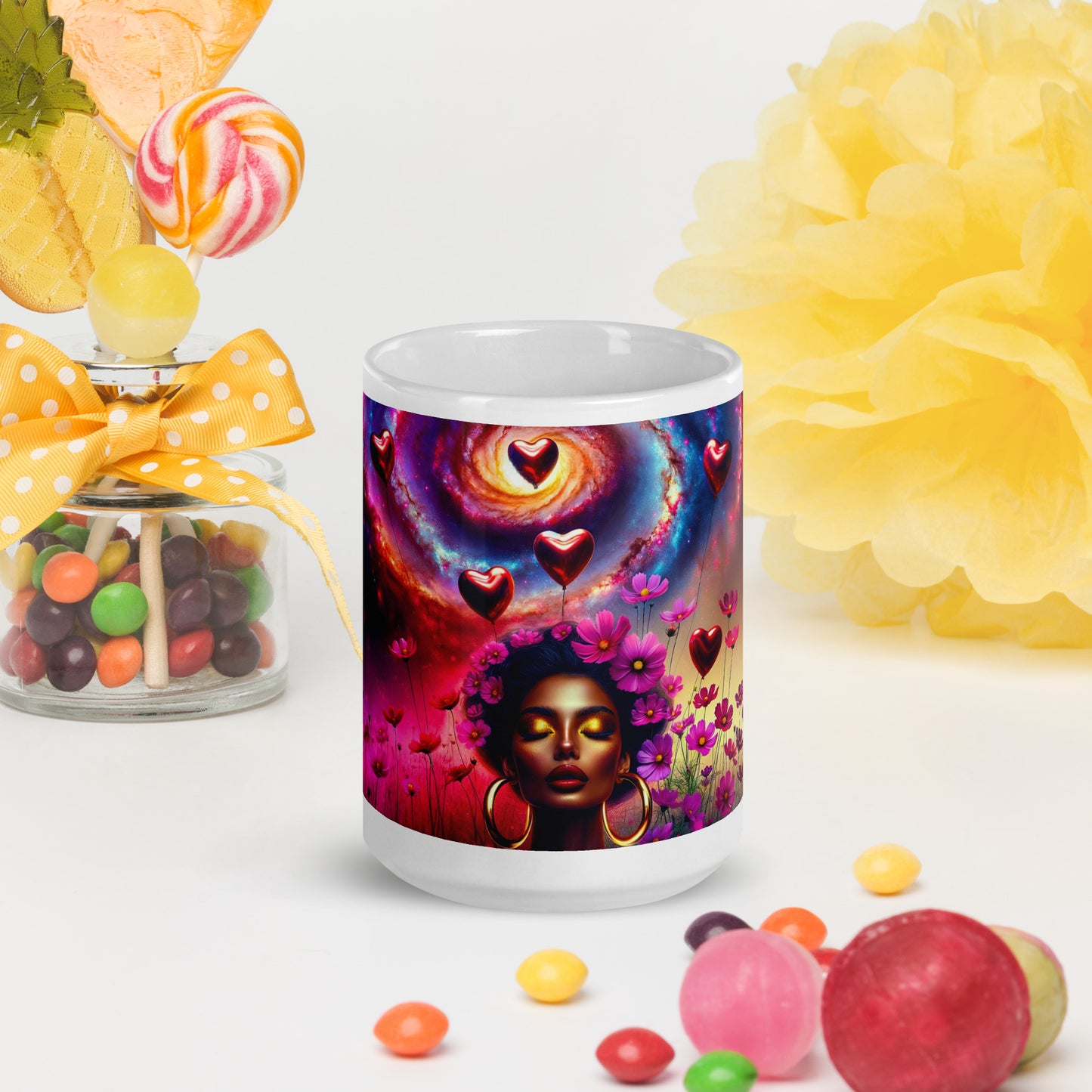 Universe's Love Blossom: African Beauty and Space Floral Fusion – Mug Wrap v2 -15oz