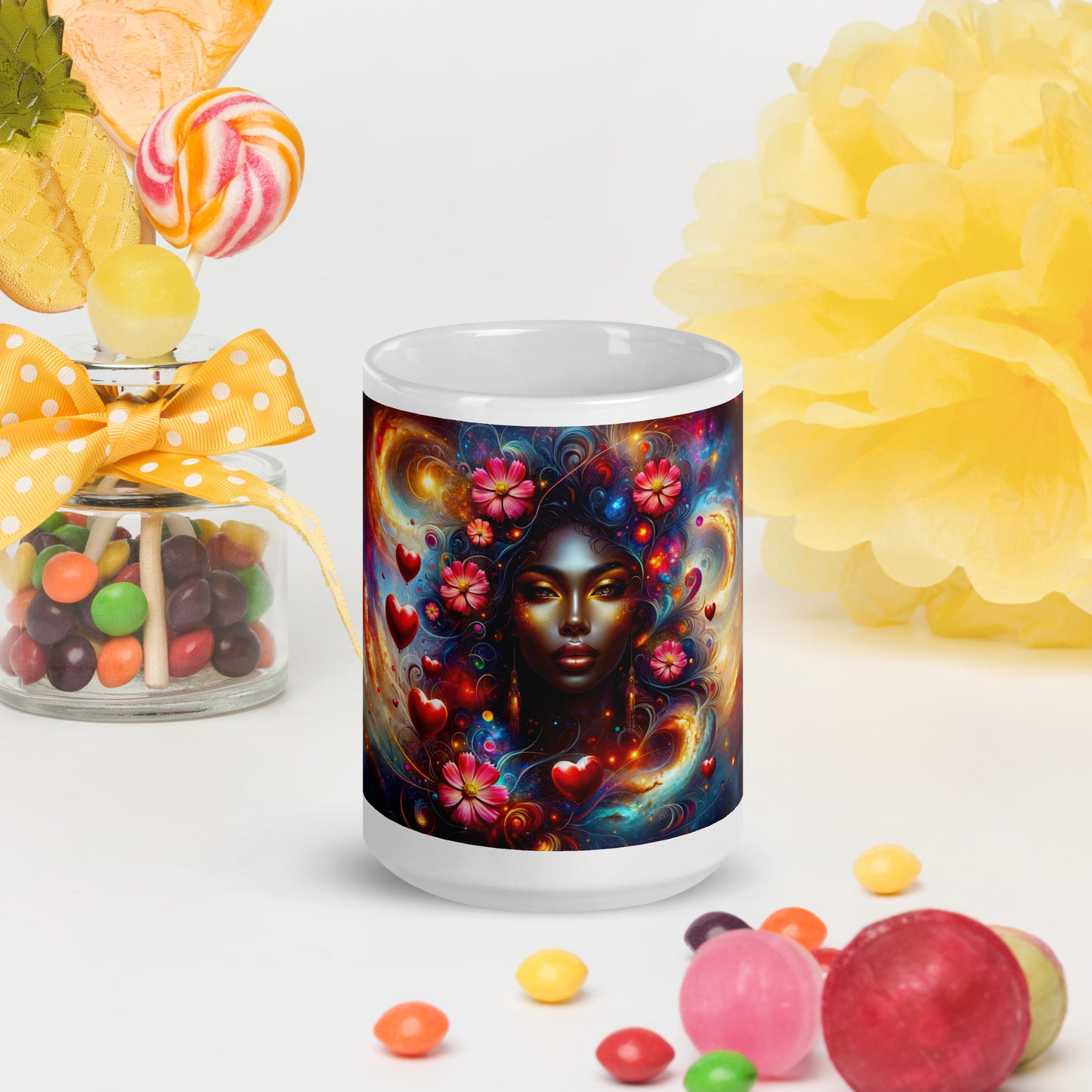 Universe's Love Blossom: African Beauty and Space Floral Fusion – Mug Wrap v3 -15oz