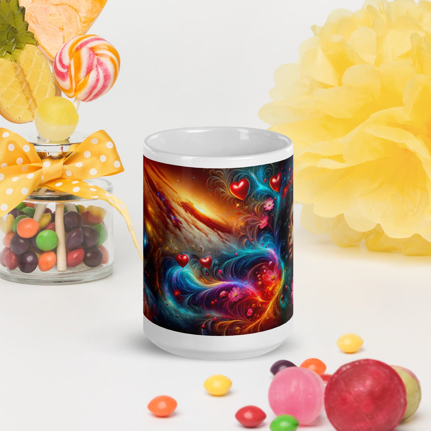 Universe's Love Blossom: African Beauty and Space Floral Fusion – Mug Wrap v4 -15oz