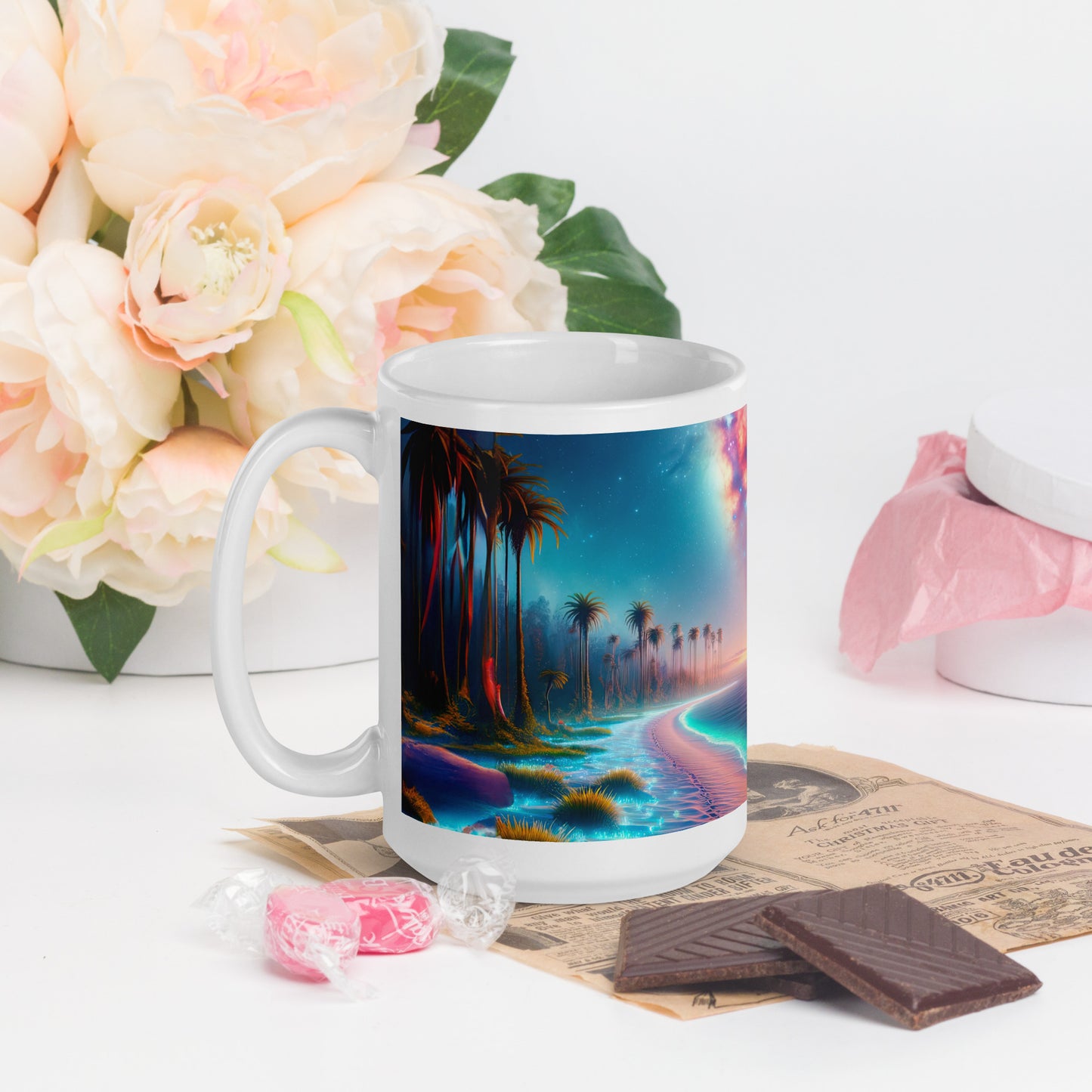 Serene Alien Beach v1 Mug Wrap 15oz - Unique Space-Themed Artistic Mugs