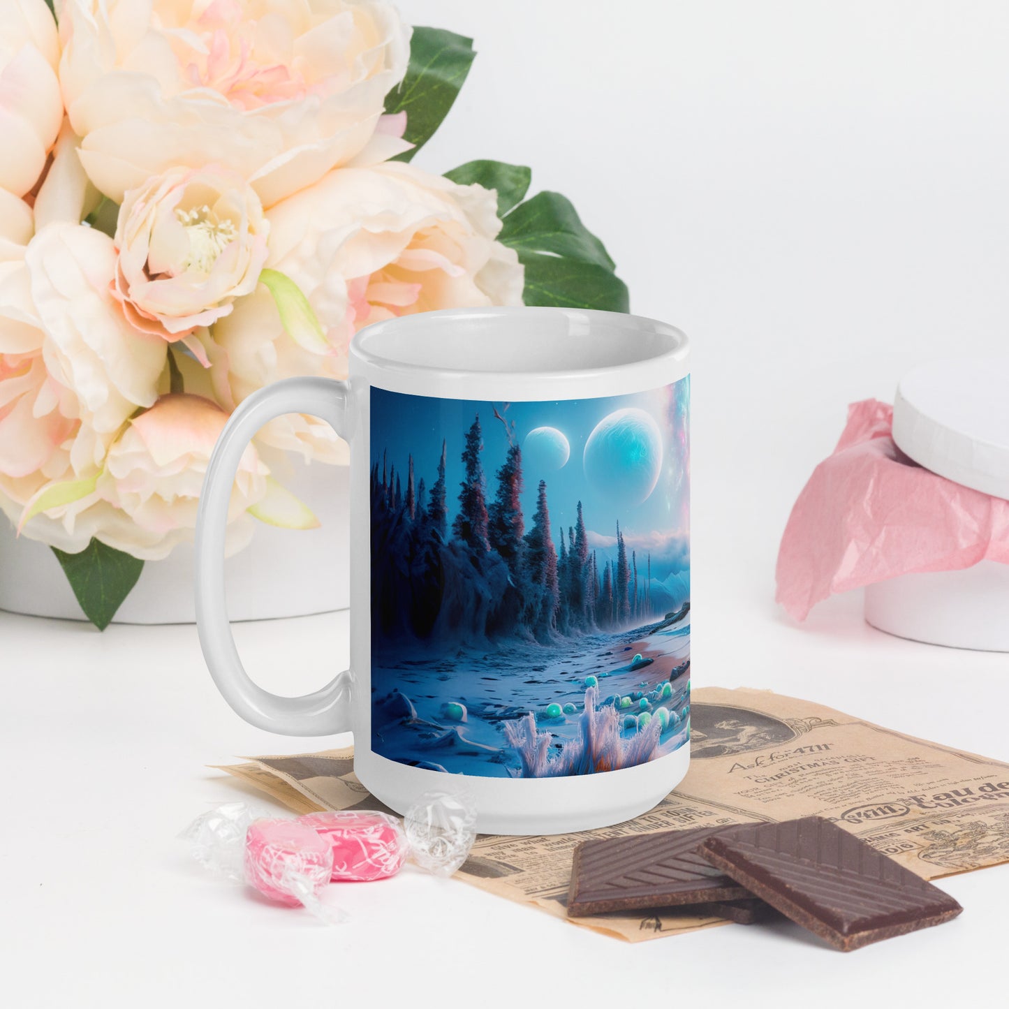 Serene Alien Beach v3 Mug Wrap 15oz - Unique Space-Themed Artistic Mugs