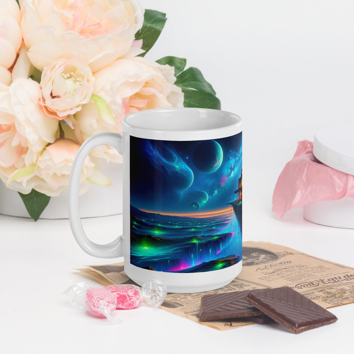 Cosmic Sanctuary: Interstellar Abode Amidst Nebulae - Mug Wrap v3 - 15oz